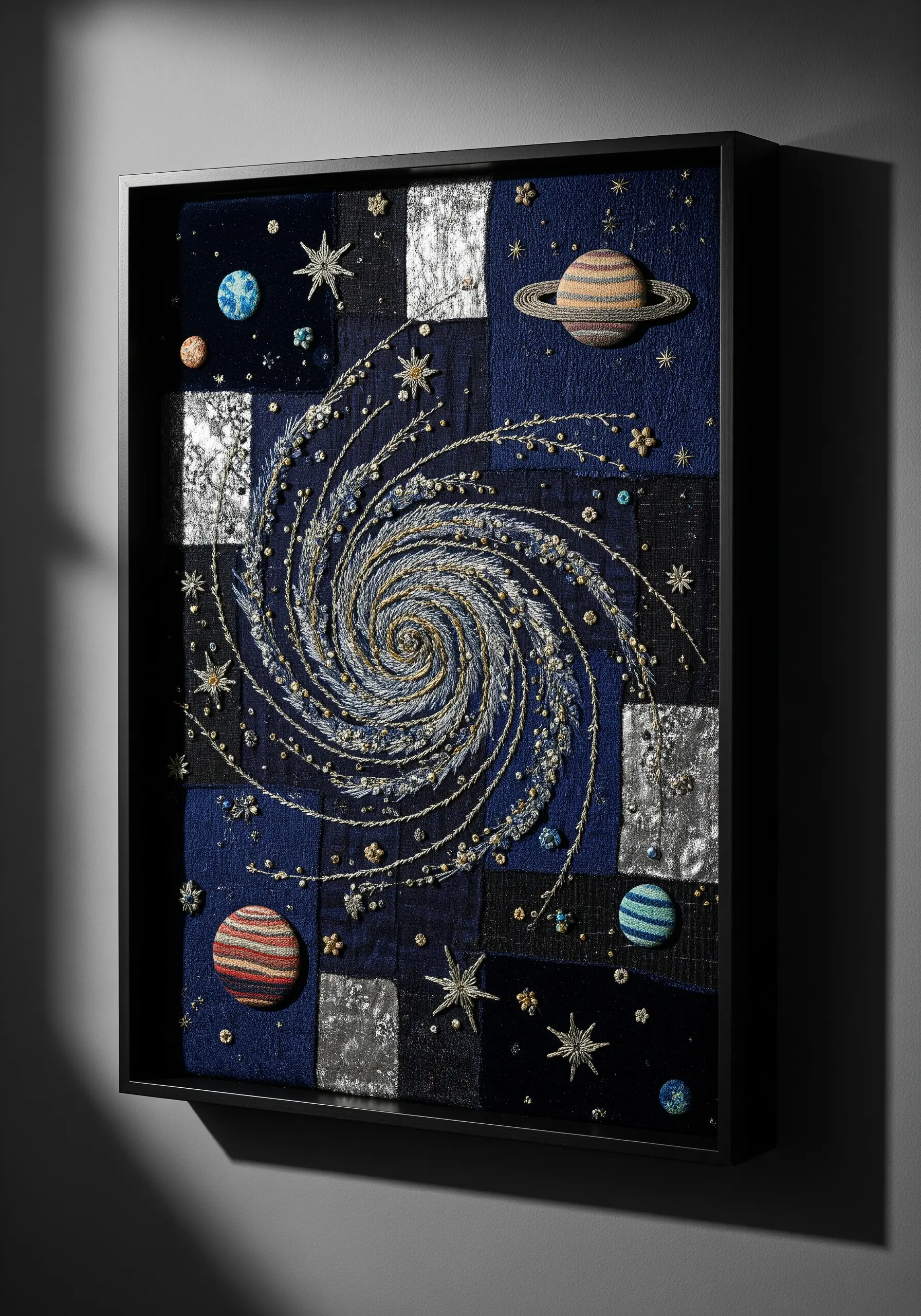 Embroidered galaxy with planets and stars on a dark blue patchwork quilt background.