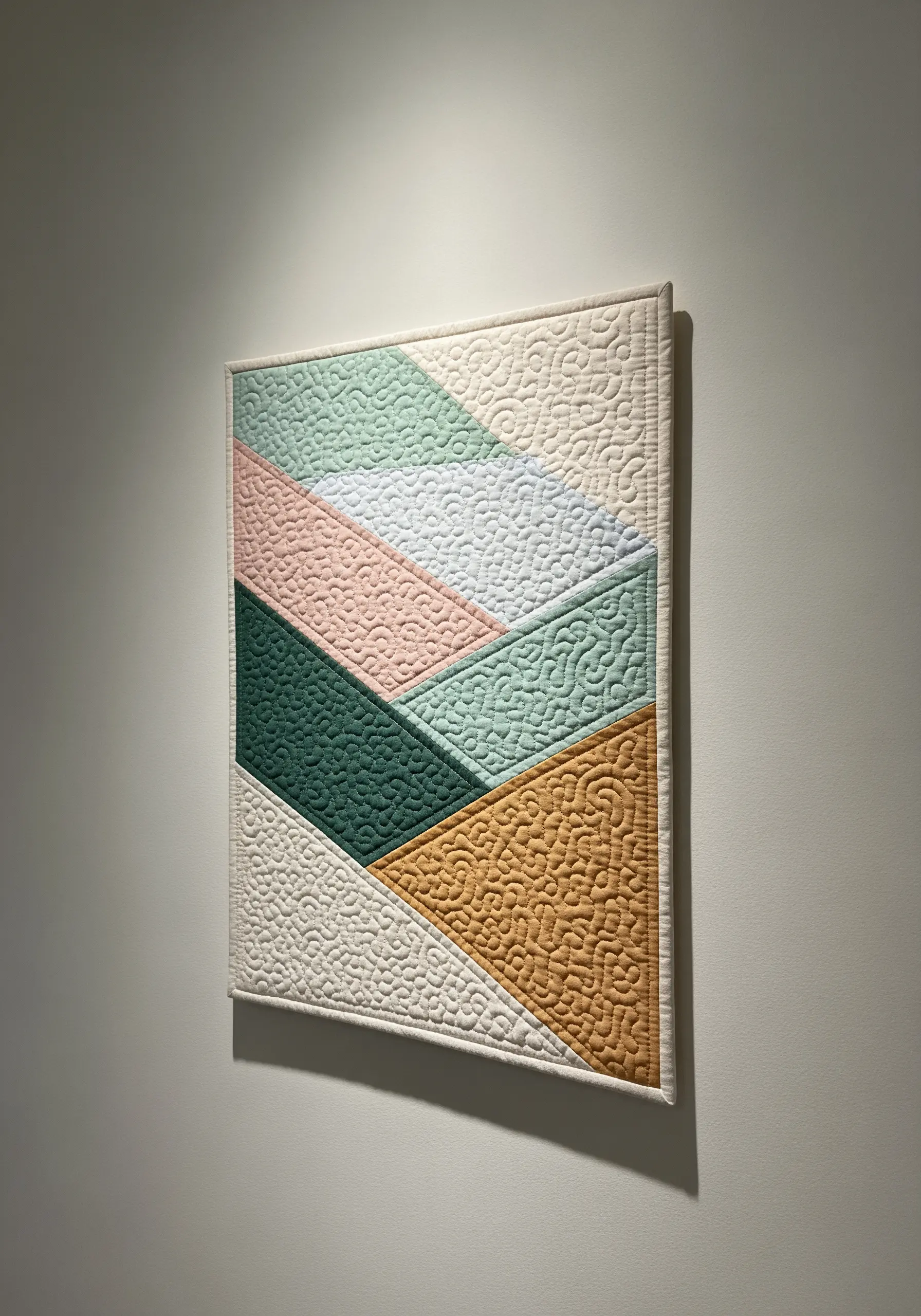 A quilted wall hanging with abstract hills in pastel and earth tones.