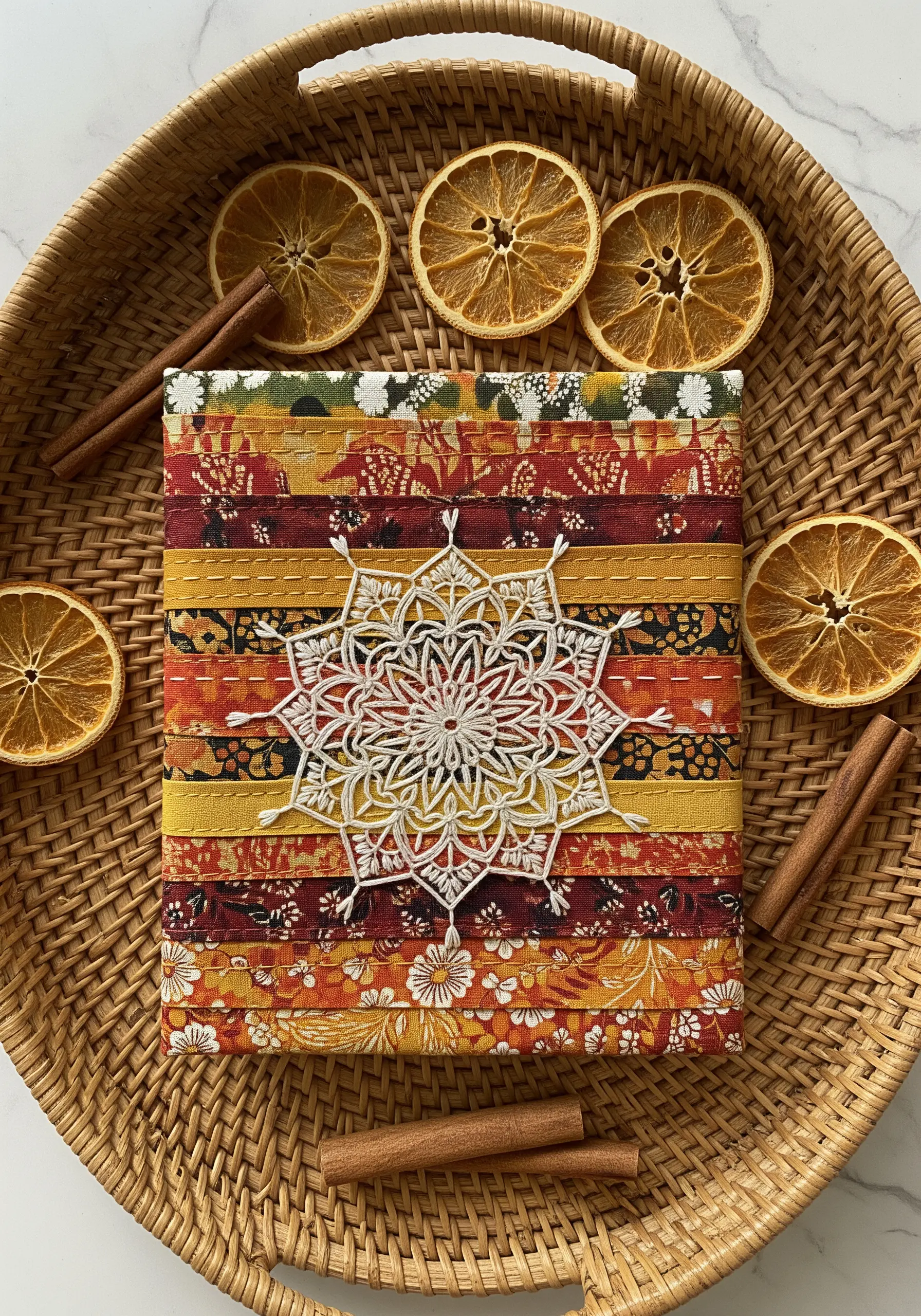 A white embroidered mandala stitched over a background of warm, autumnal fabric strips.
