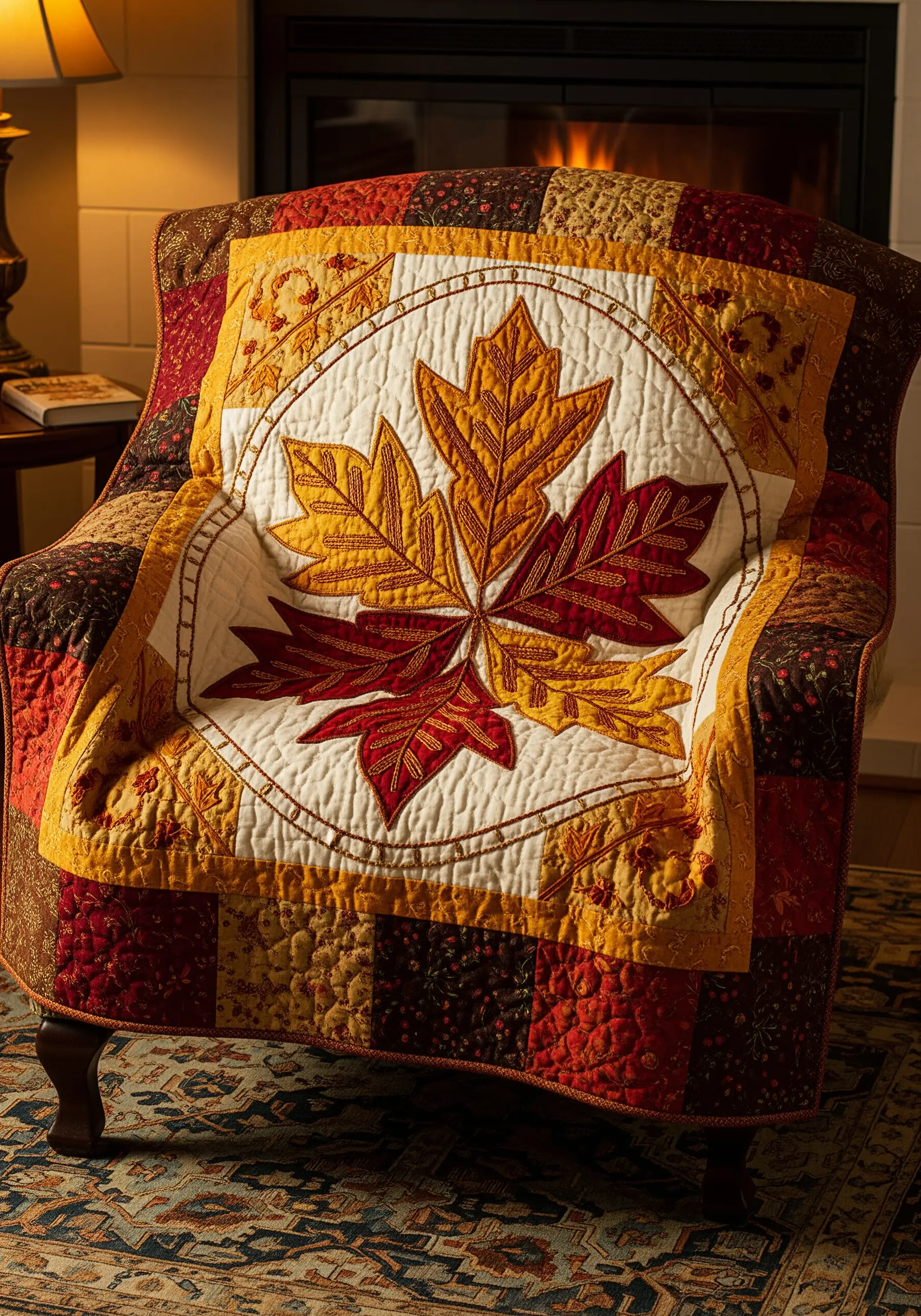 A quilted throw with a large, appliquéd and embroidered maple leaf mandala in the center.