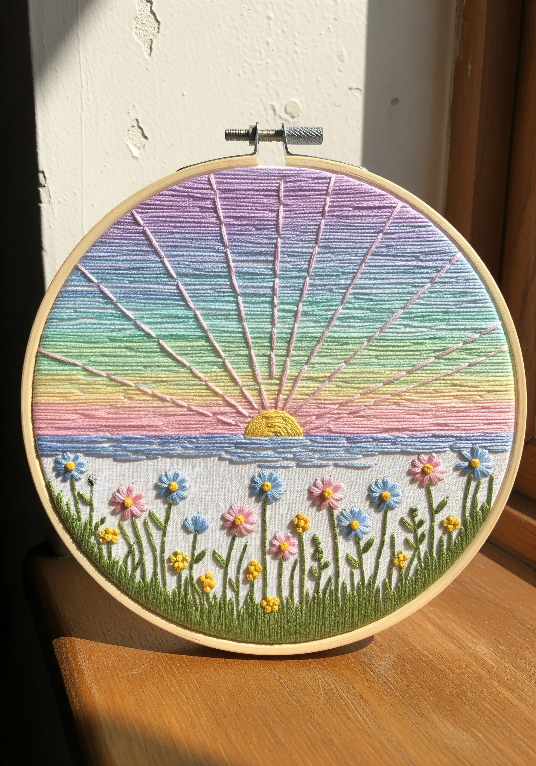 Rainbow sun rays embroidery over ocean horizon