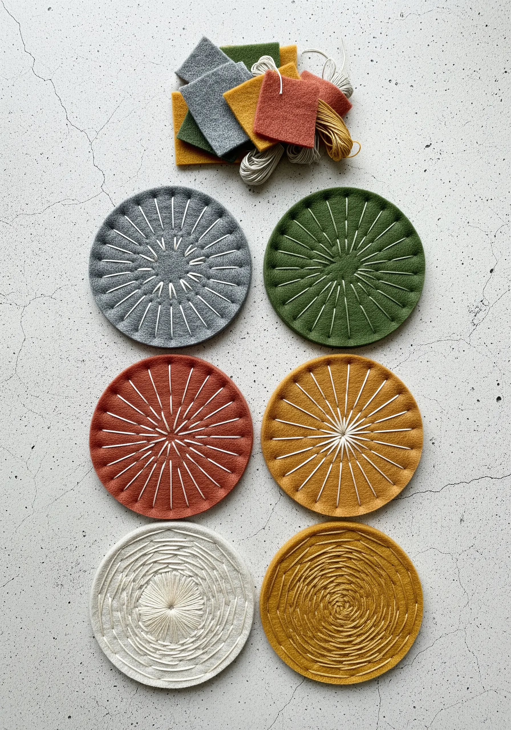Hand-stitched felt coasters with radial and spiral patterns in earthy tones