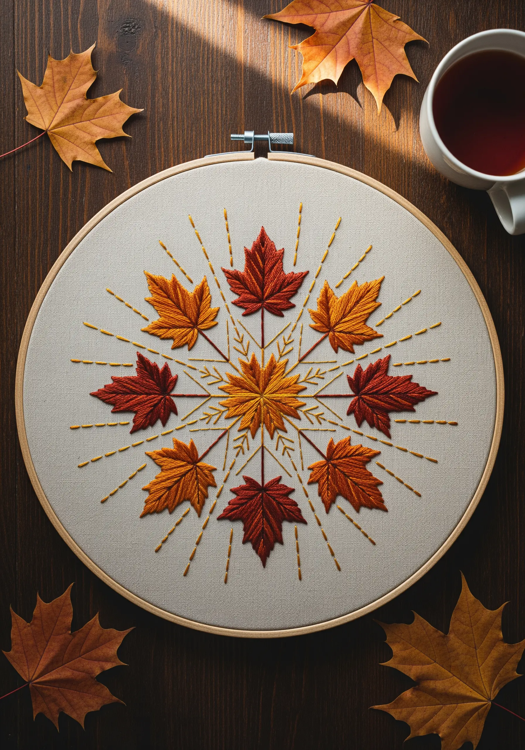 Autumn maple leaf mandala embroidery with radiating gold stitches in a hoop.