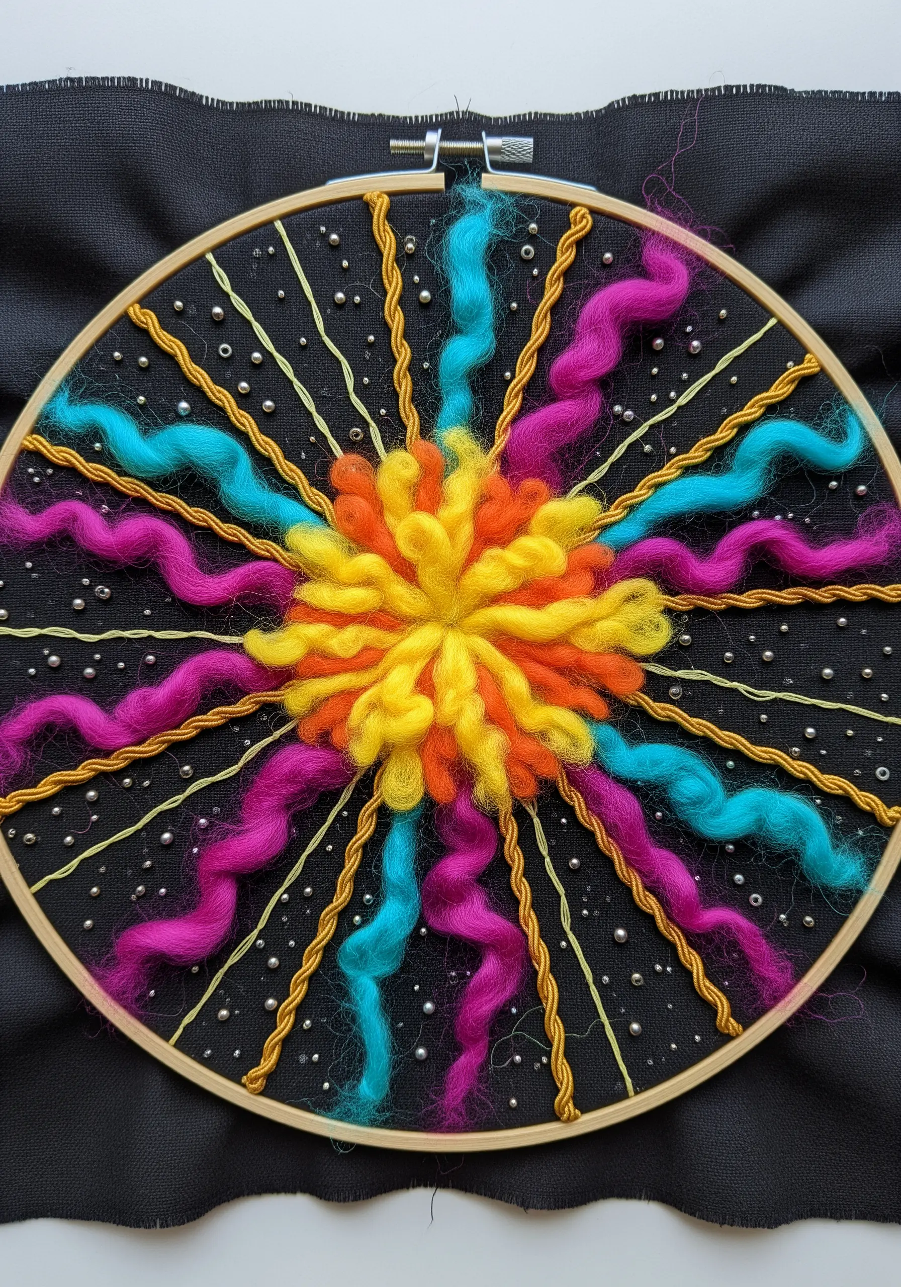 Abstract sunburst embroidery with wool roving, twisted cord, and beads on black fabric.