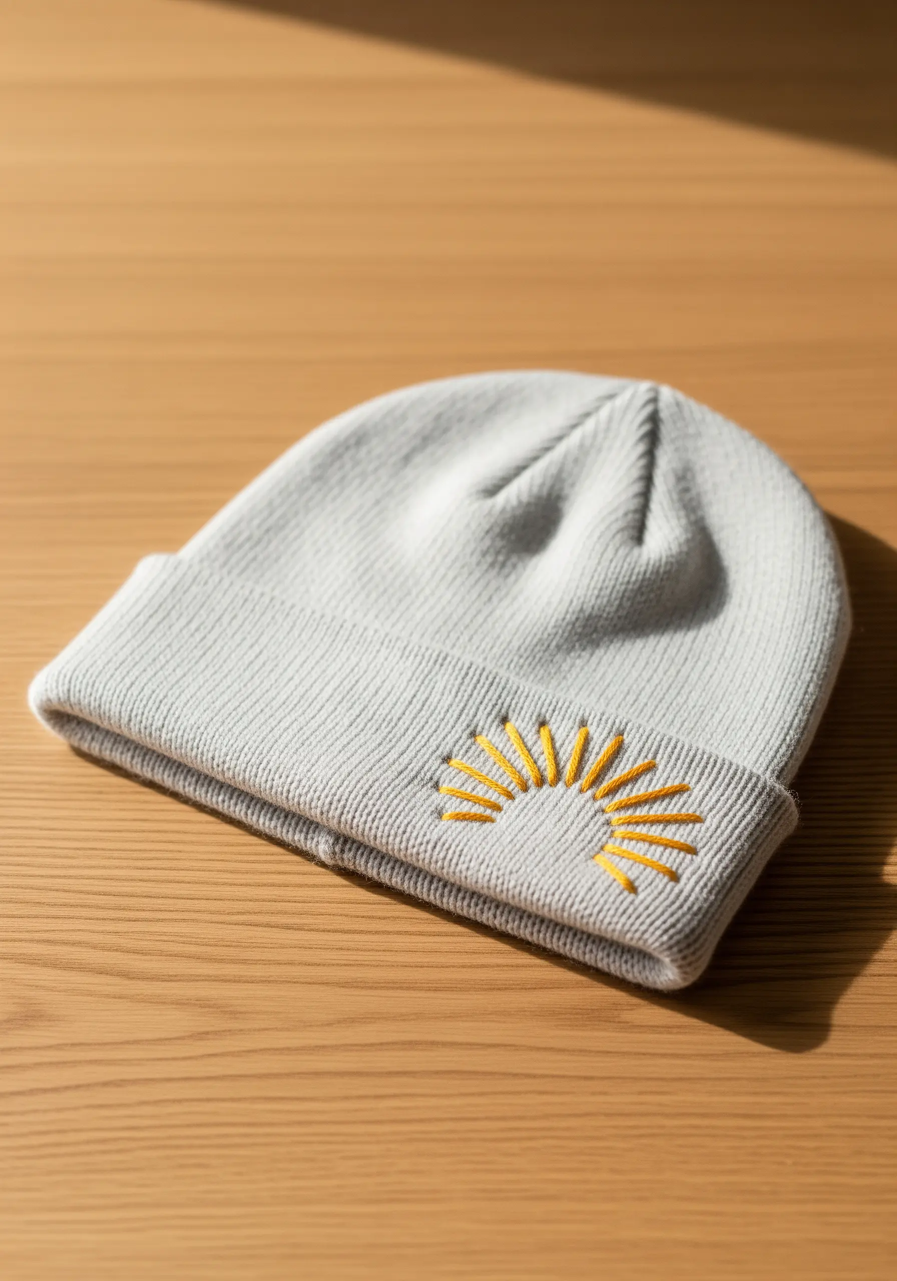 A stylized rising sun with radiating yellow straight stitches on a grey knit beanie.