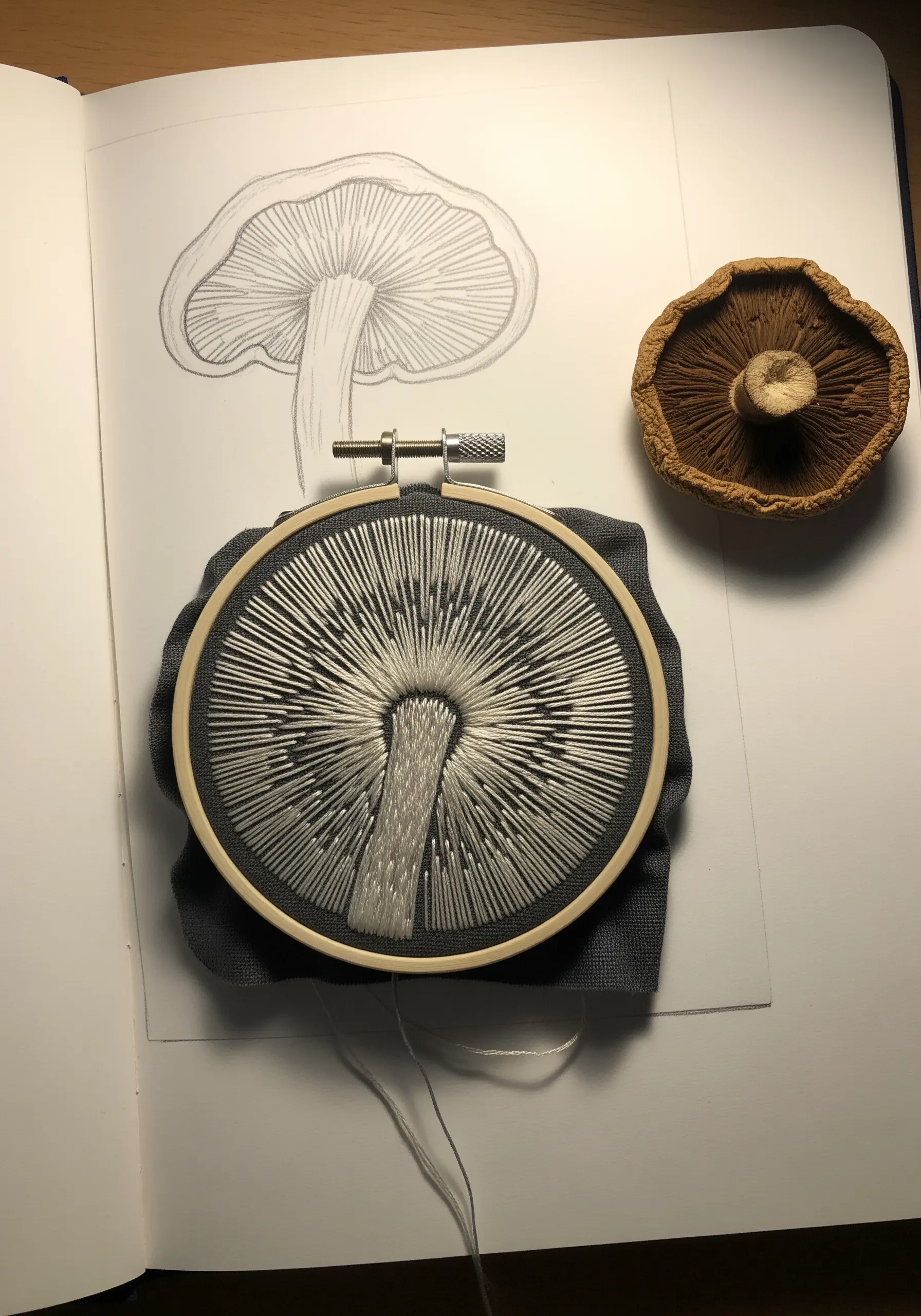 Embroidery hoop showing the underside of a mushroom, with straight stitches radiating out as gills.