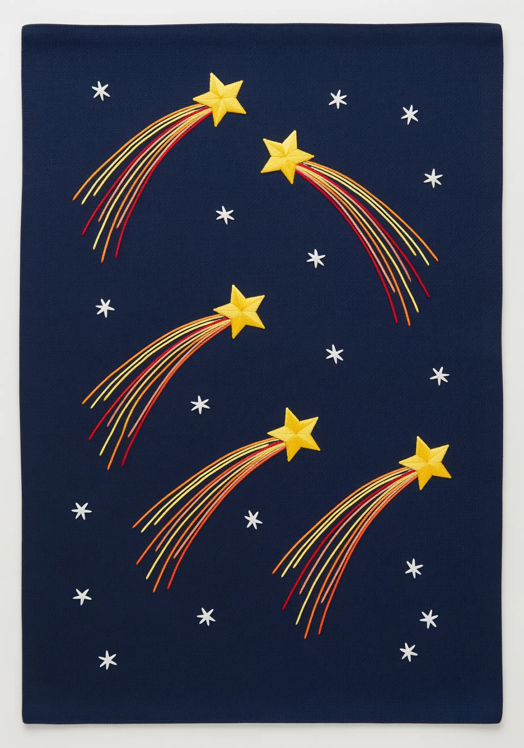 Padded satin stitch shooting stars with long rainbow thread tails on navy fabric.
