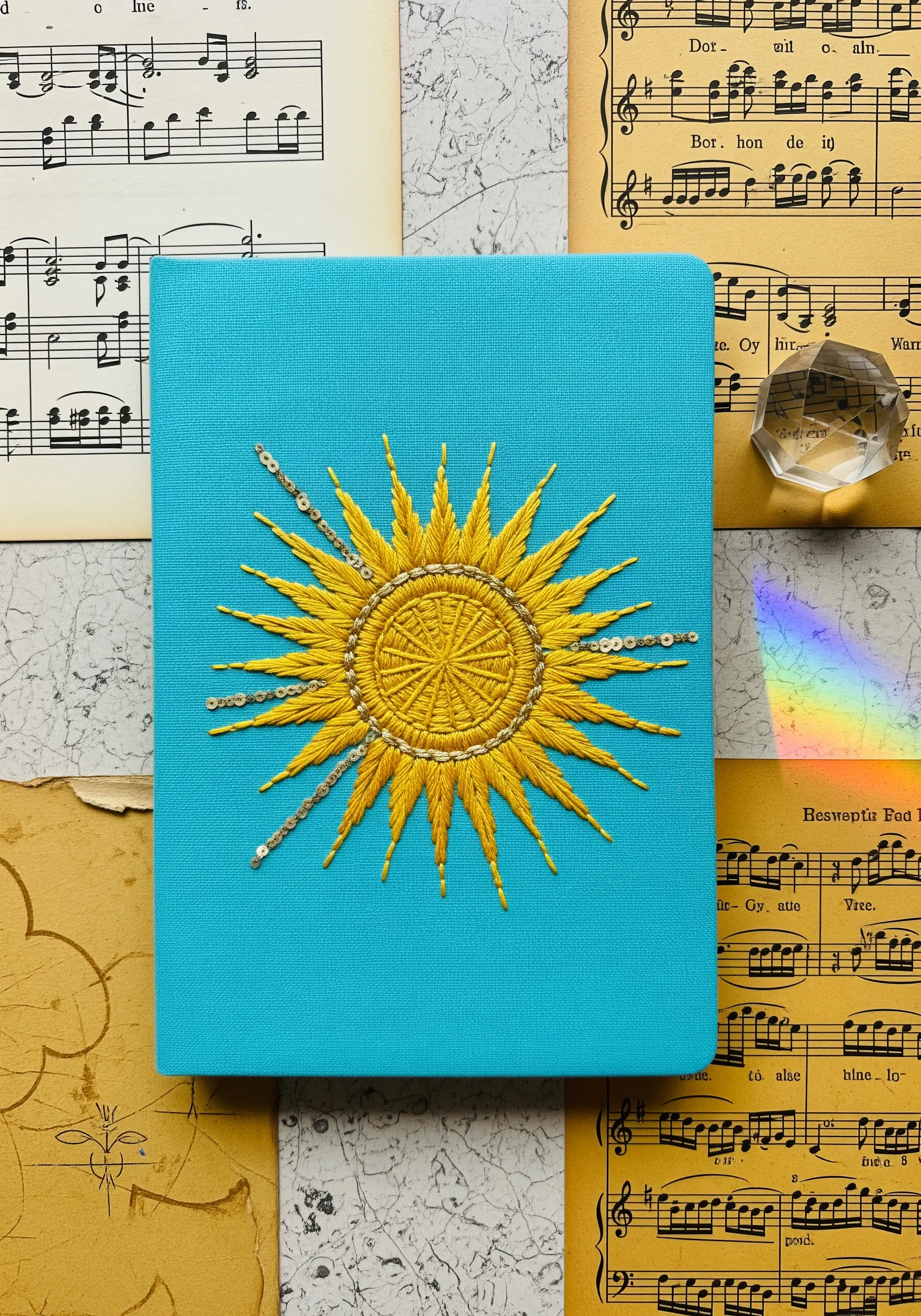 Embroidered golden sun with a woven center and sequin details on a bright blue journal cover.
