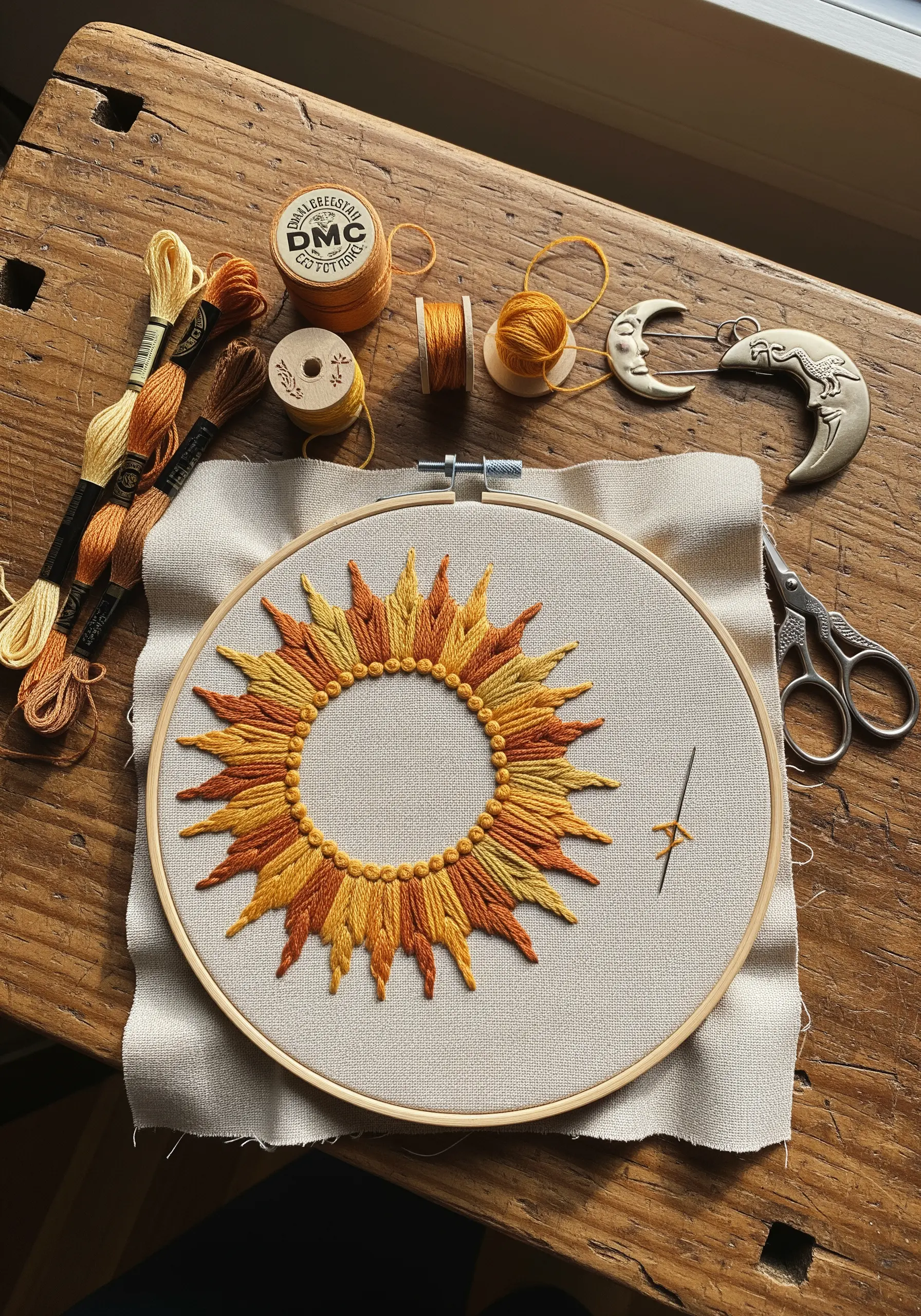 A sunburst motif embroidered with blended orange and yellow satin stitches.