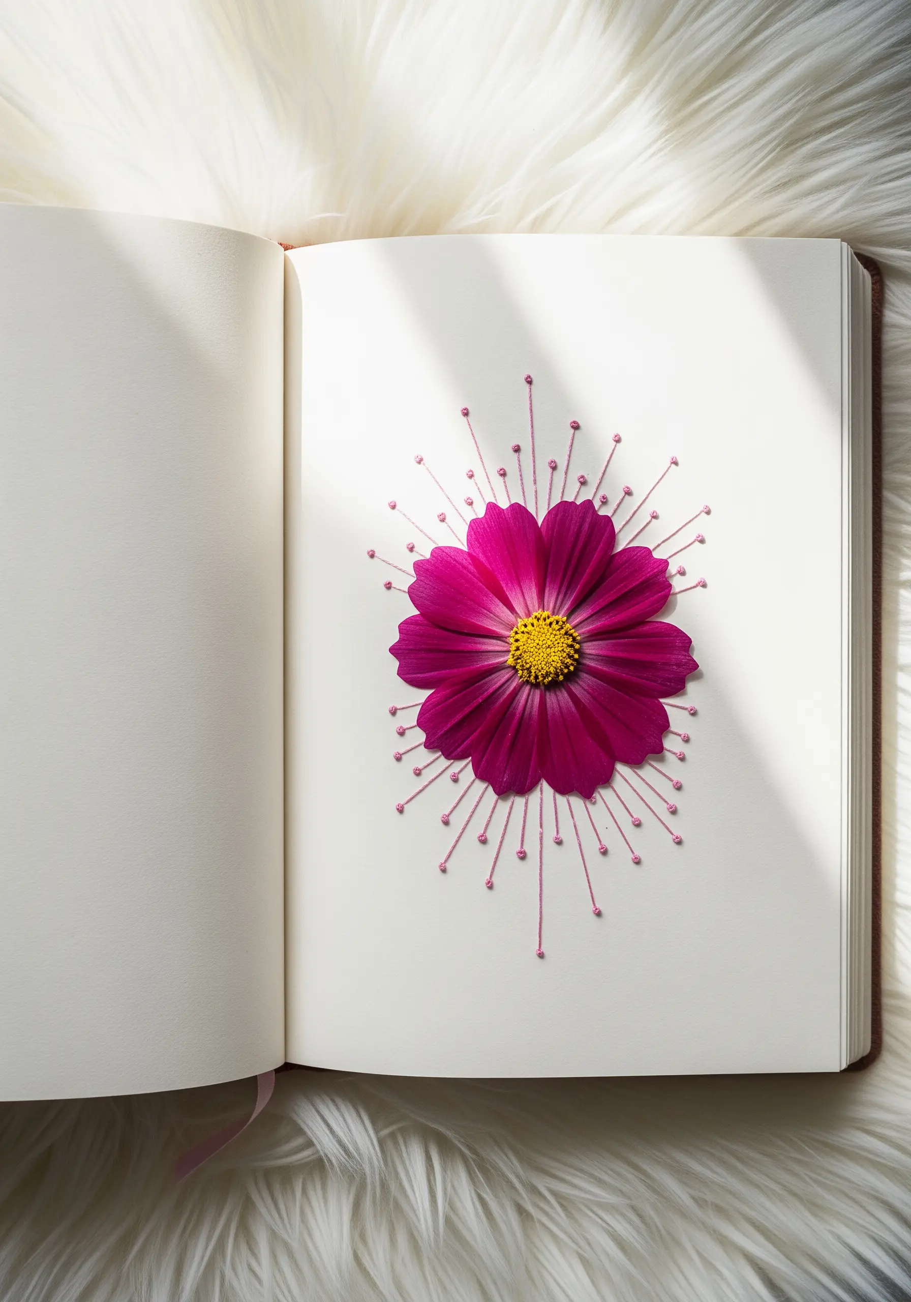 A pressed pink cosmos flower with radiating pink threads stitched onto paper in an open book.
