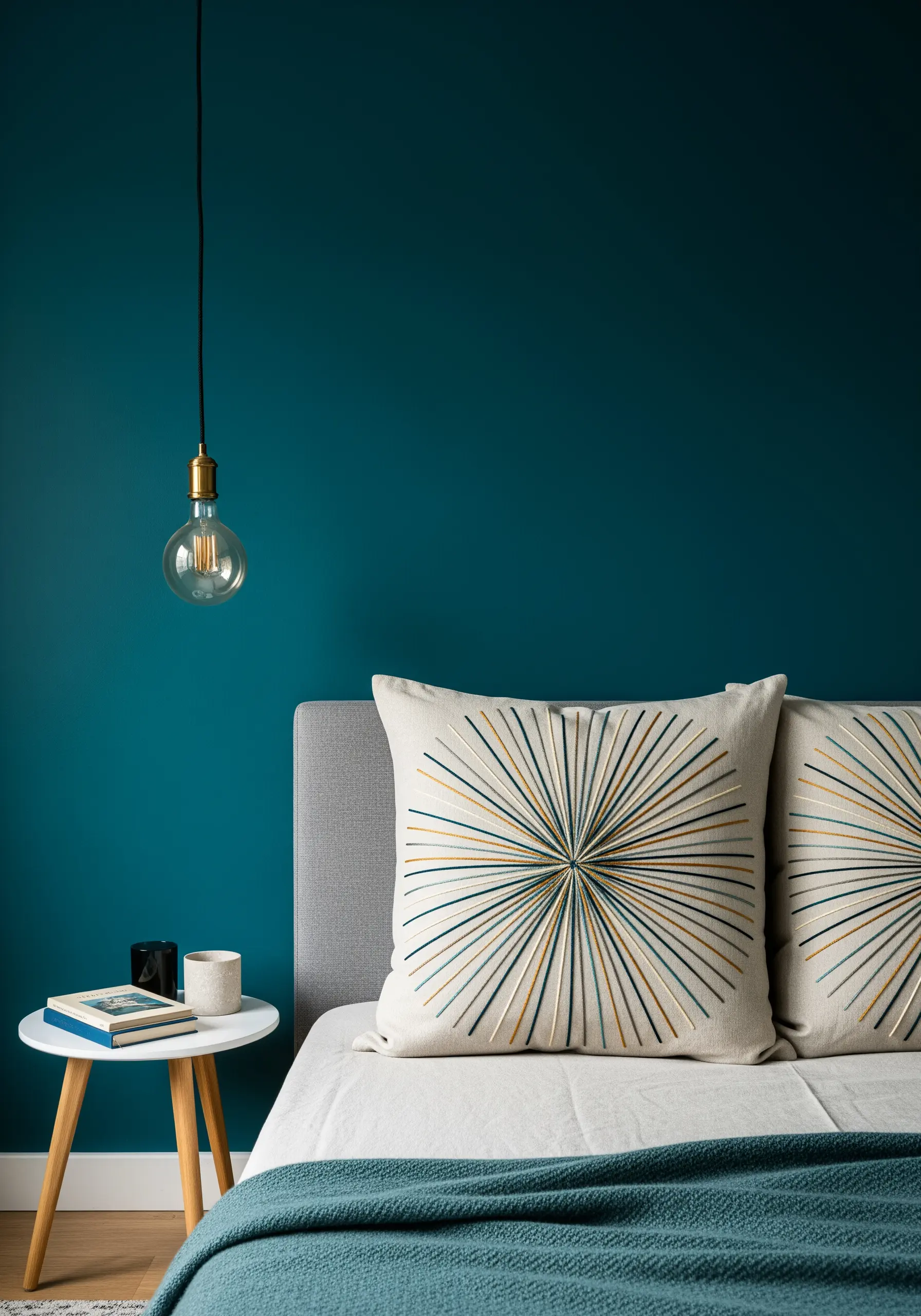 A neutral cushion with a large sunburst pattern embroidered in radiating lines of blue, teal, and gold.