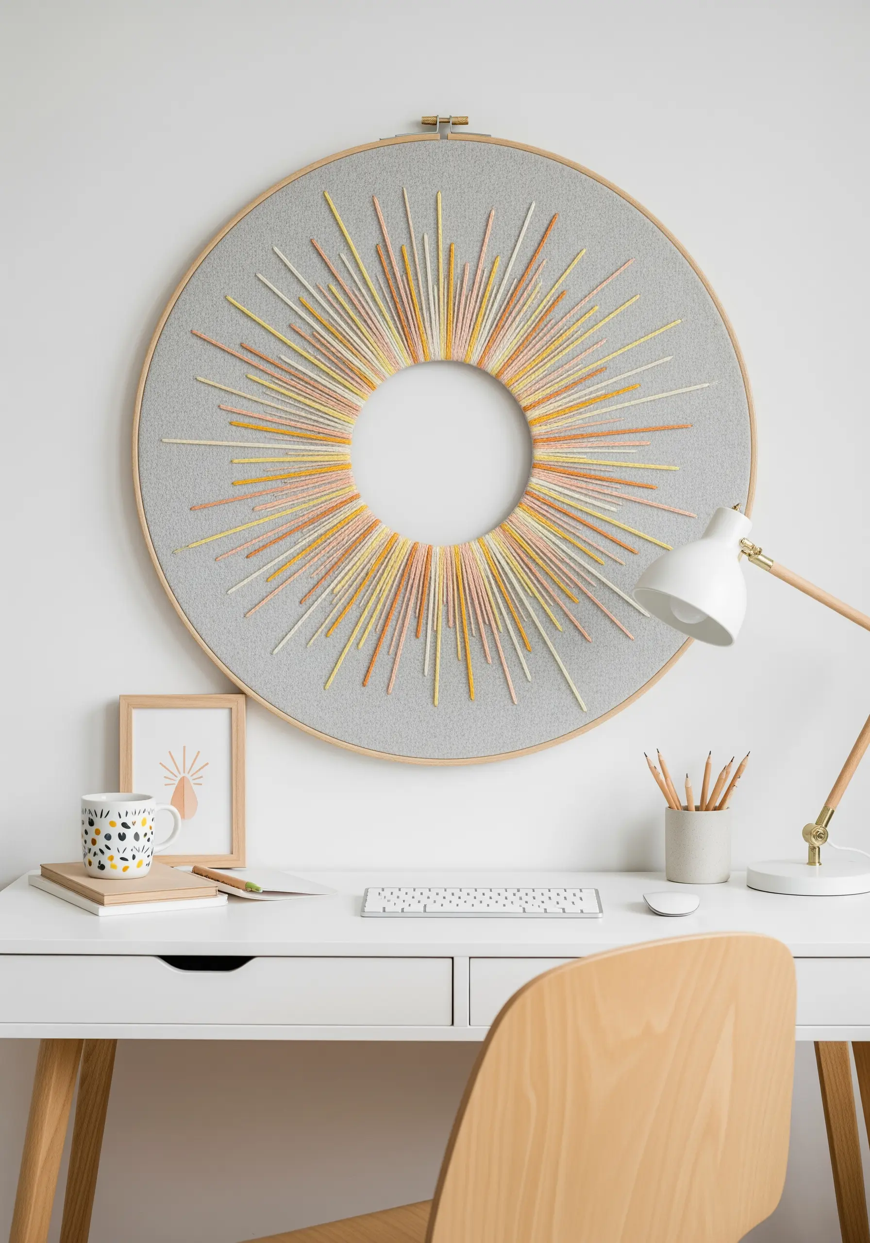 Large hoop with multicolored threads radiating from a central empty circle, like a sunburst.