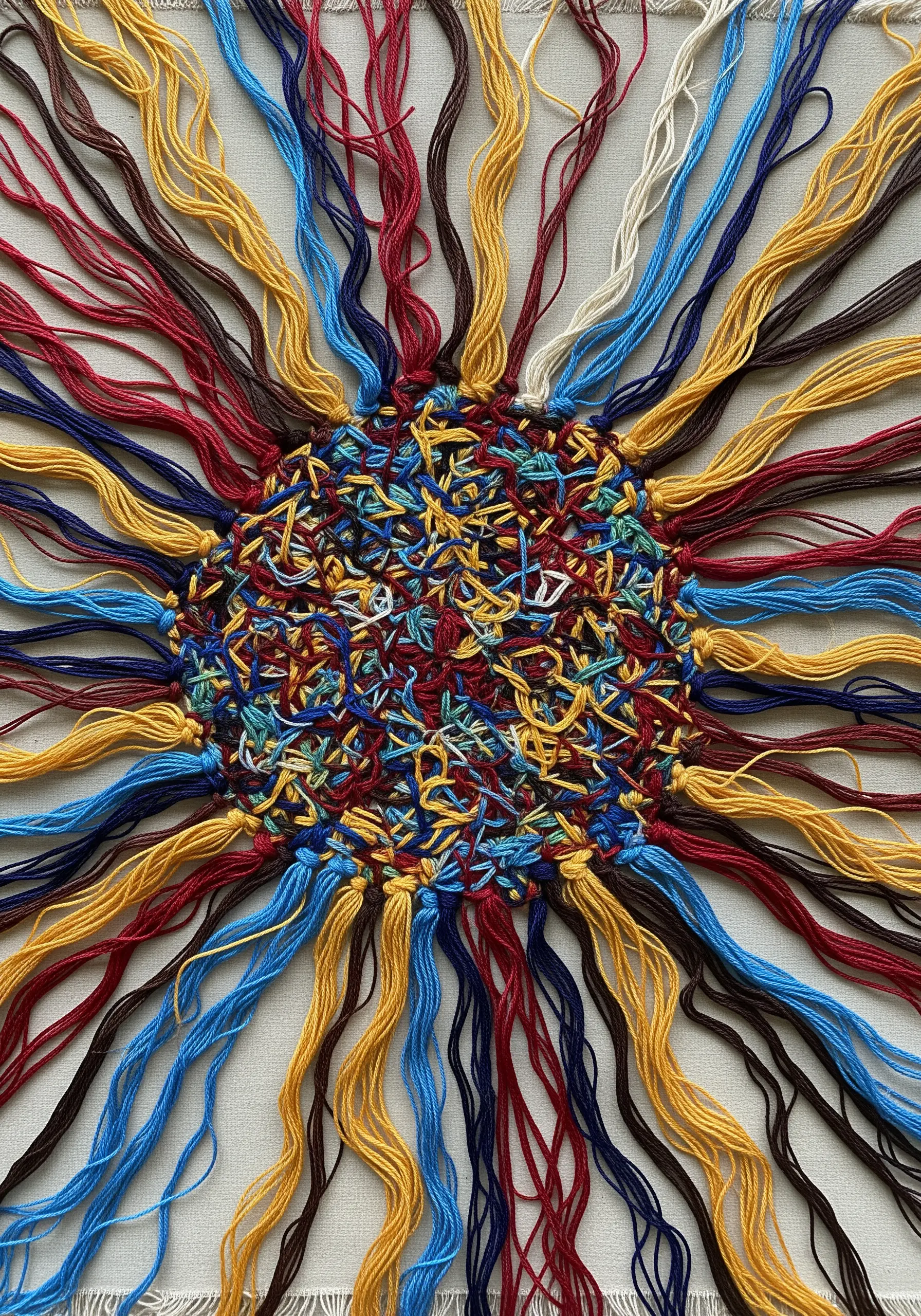 A densely stitched center with long, loose threads in primary colors radiating outward like a sun