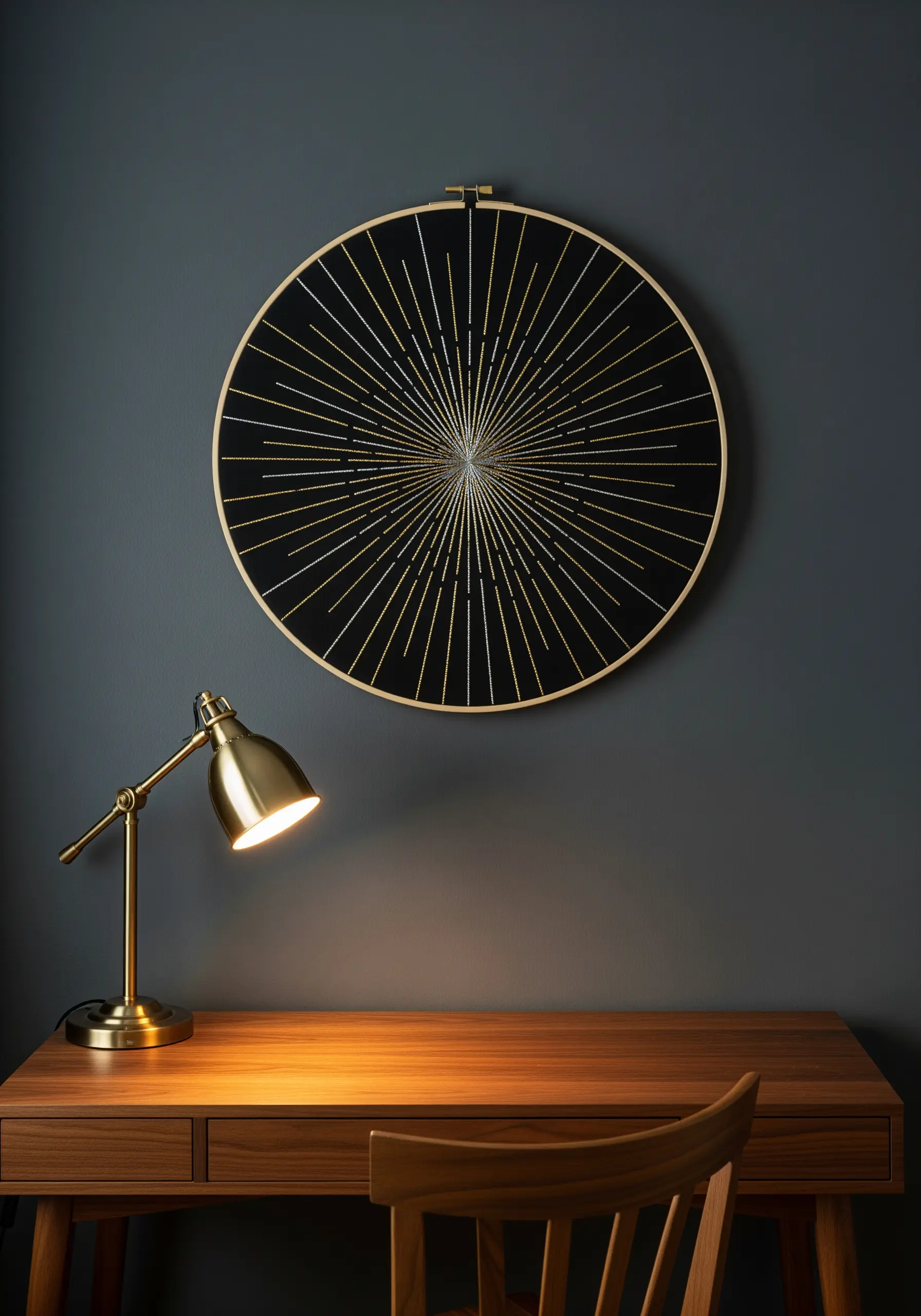 Large embroidery hoop with a gold and silver metallic starburst design on black fabric.