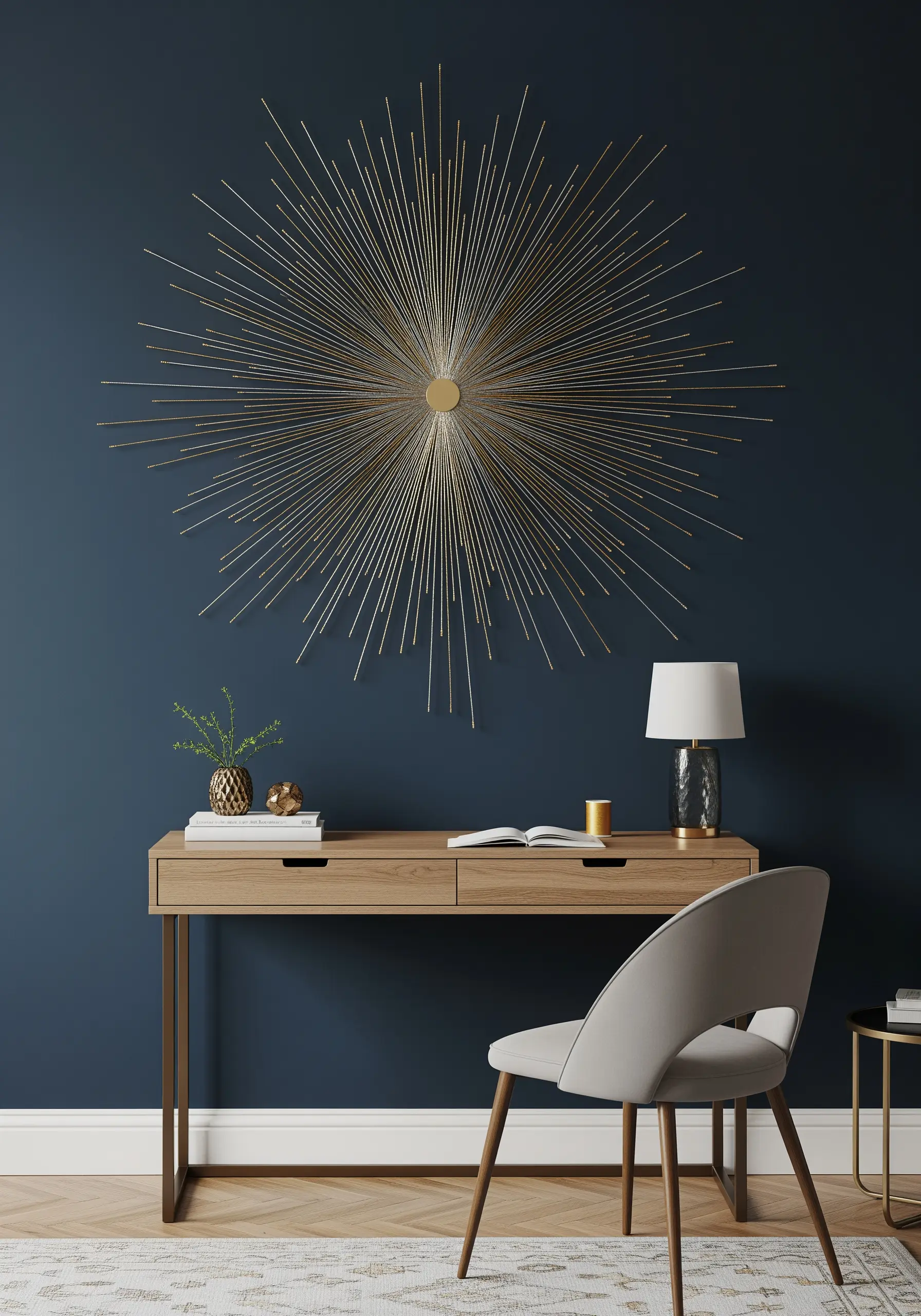 Gold sunburst metallic thread wall sculpture above a modern wooden desk.