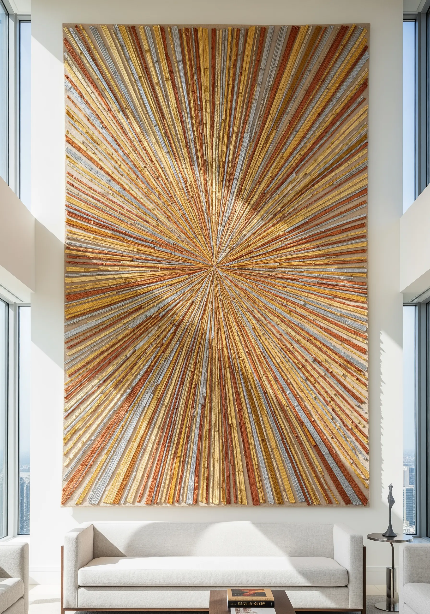A massive, wall-sized sunburst fiber art piece made with radiating metallic cords and yarns.