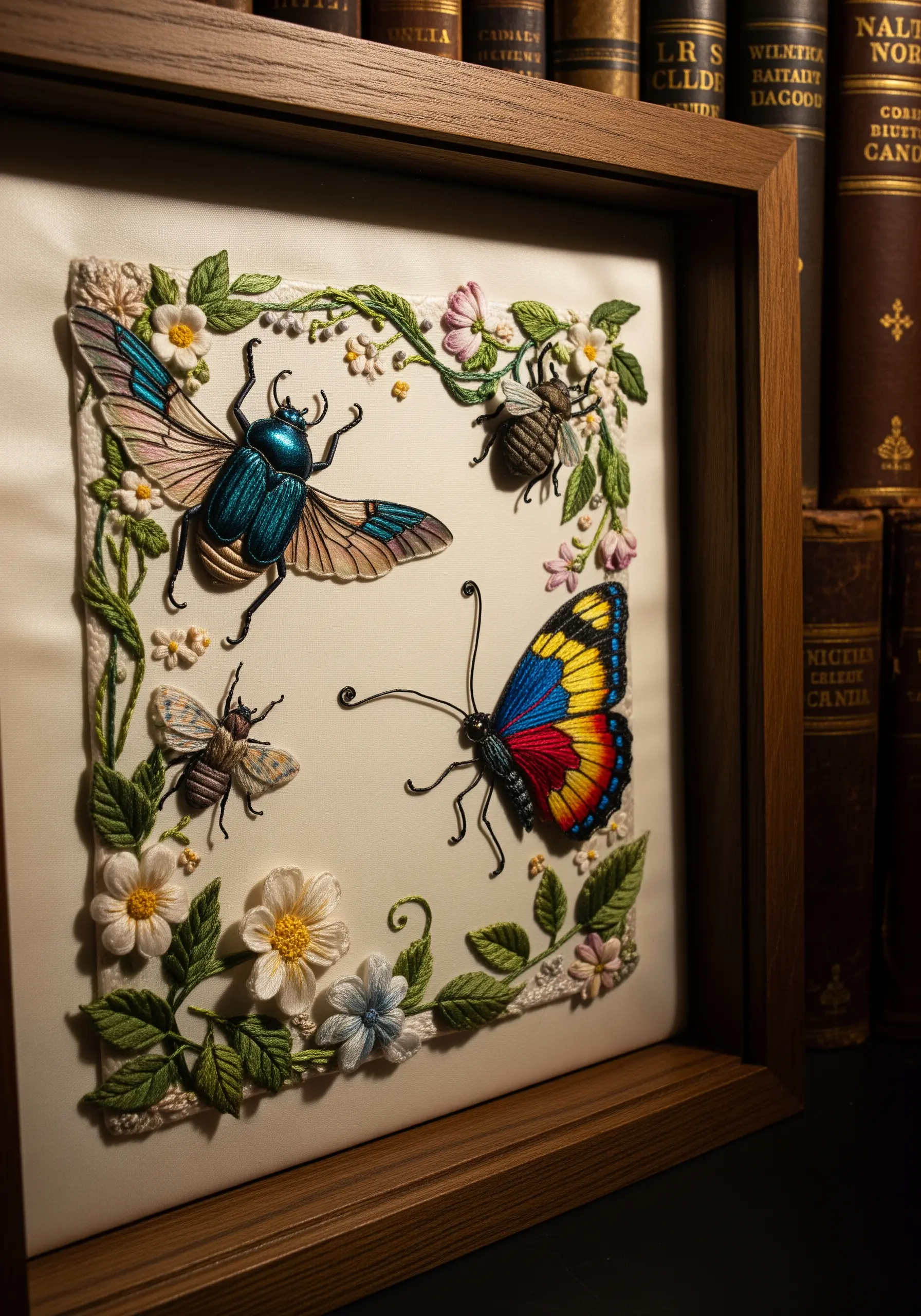 Framed stumpwork embroidery of beetles and butterflies