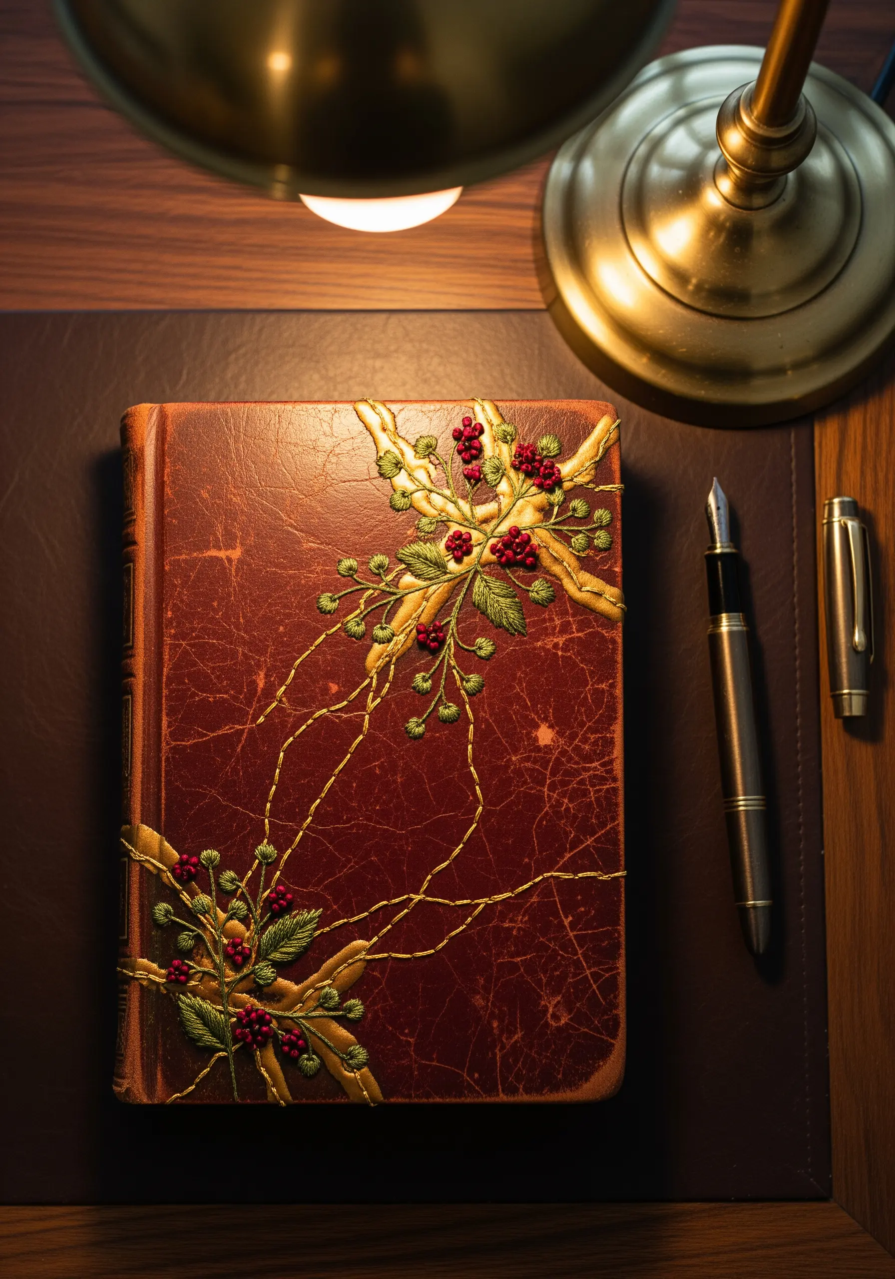 Raised botanical embroidery with gold thread and red berries on the cover of an old leather-bound book.