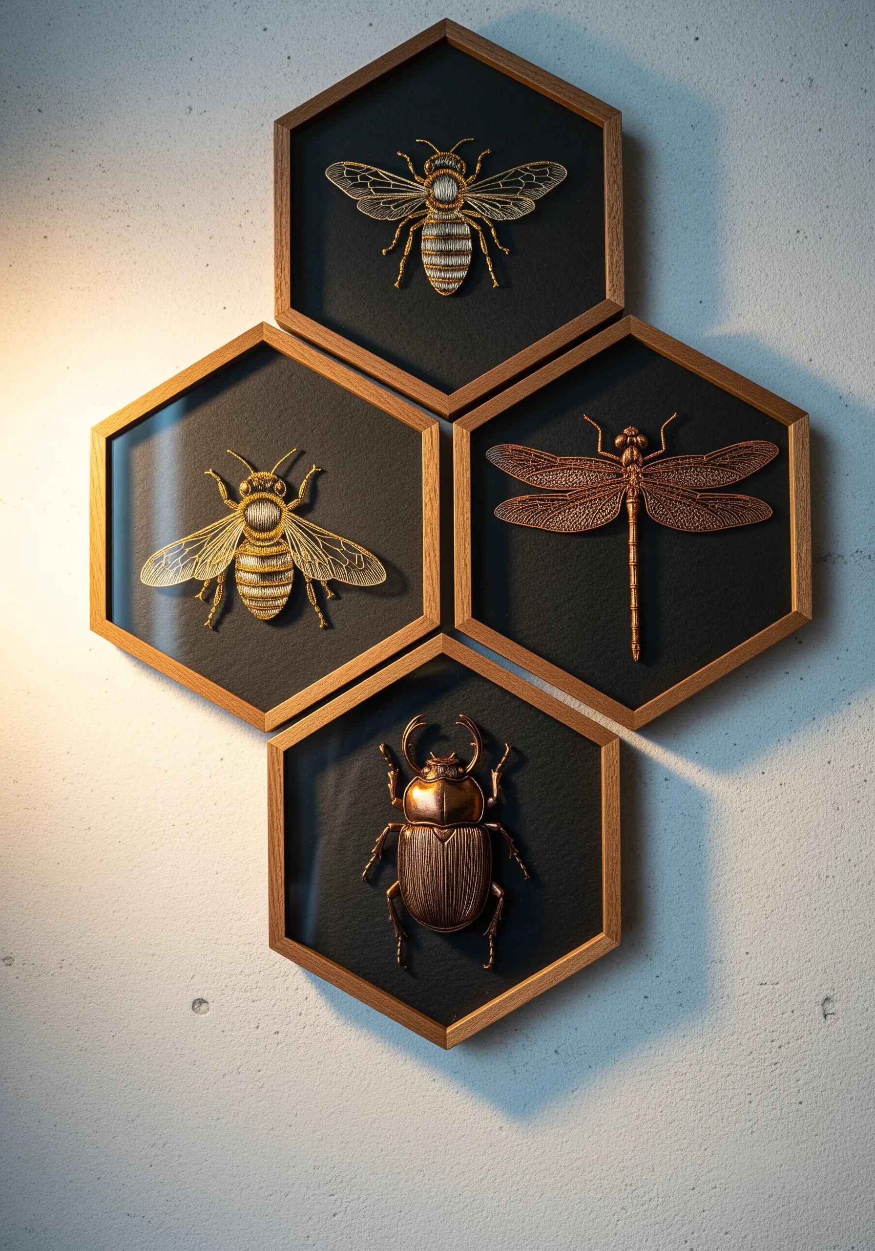 Three-dimensional insects made with metallic thread and wire, framed in hexagonal boxes.
