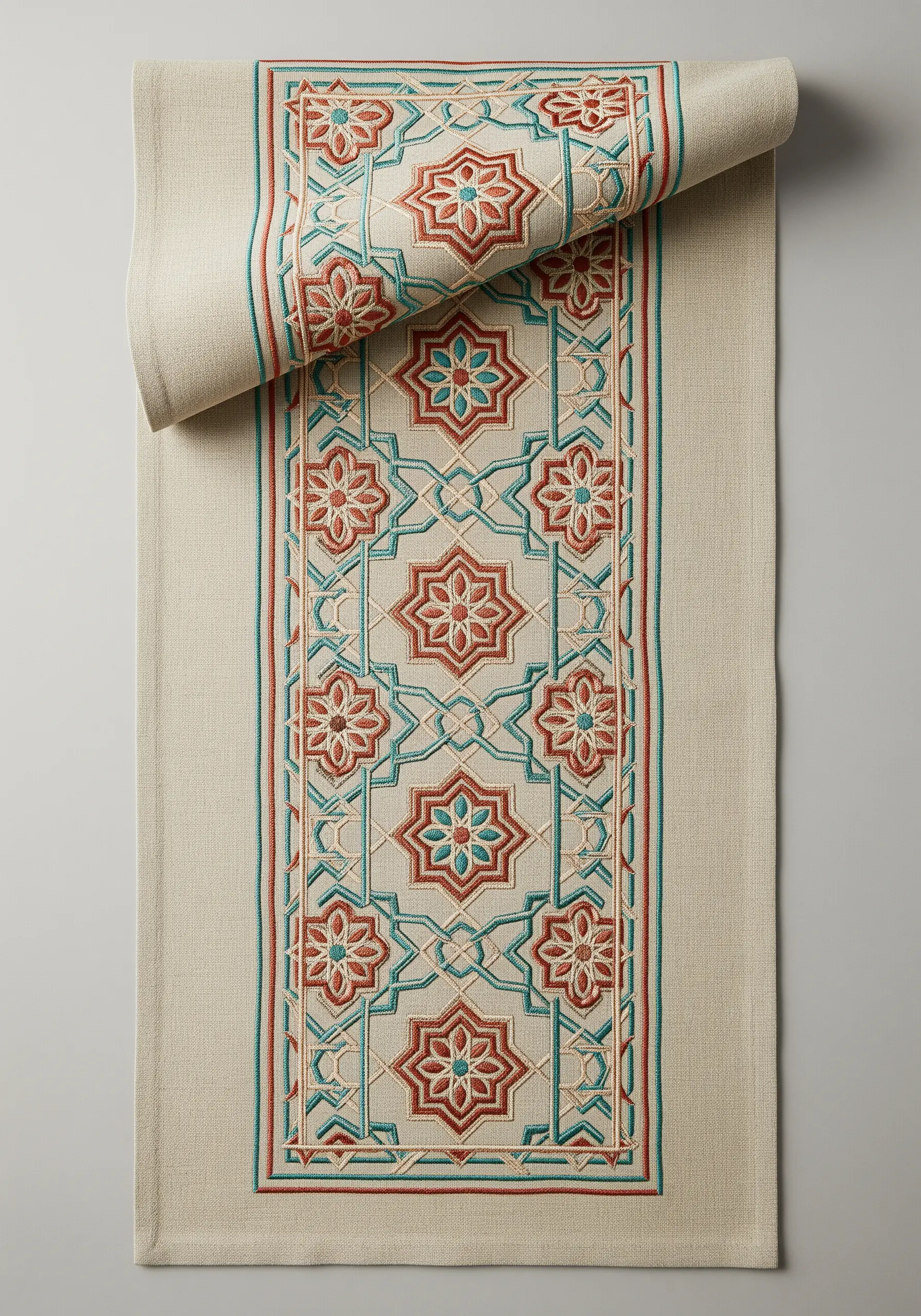 A geometric, tile-like pattern embroidered on a linen table runner.
