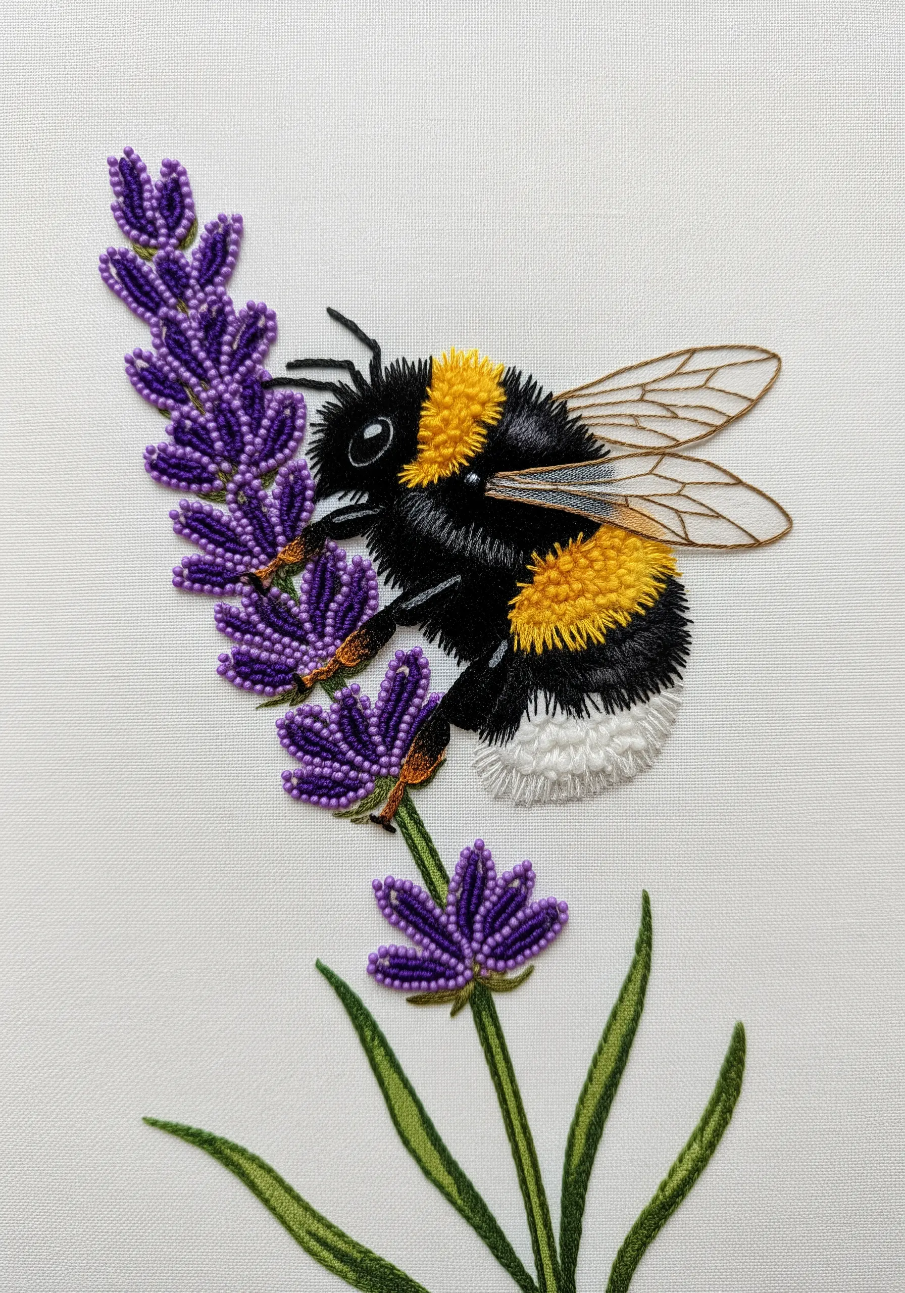 Bumblebee embroidery with fuzzy turkey work stitches and beaded lavender florets.
