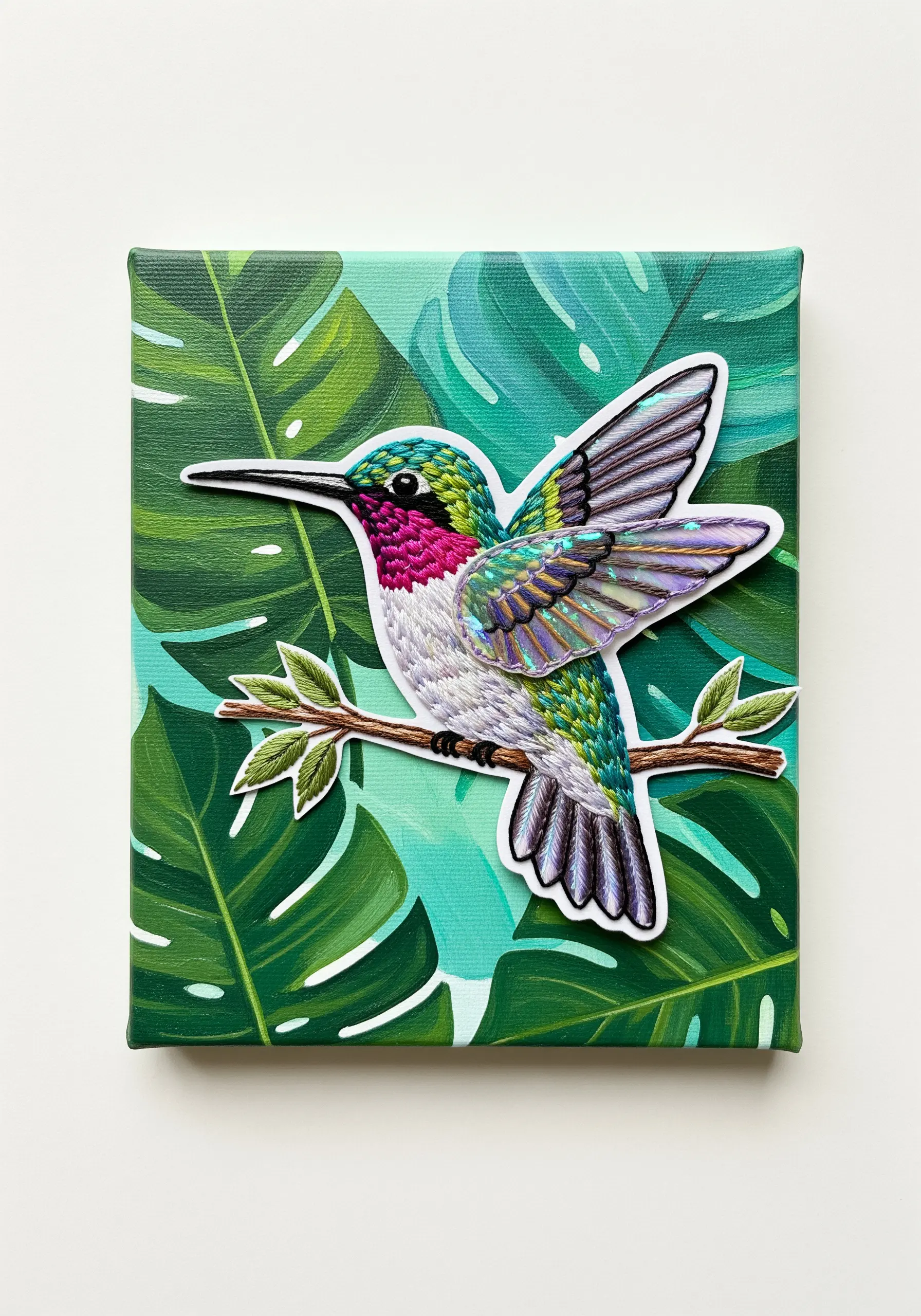 A thread-painted hummingbird, stitched separately and mounted on a painted canvas of tropical leaves.