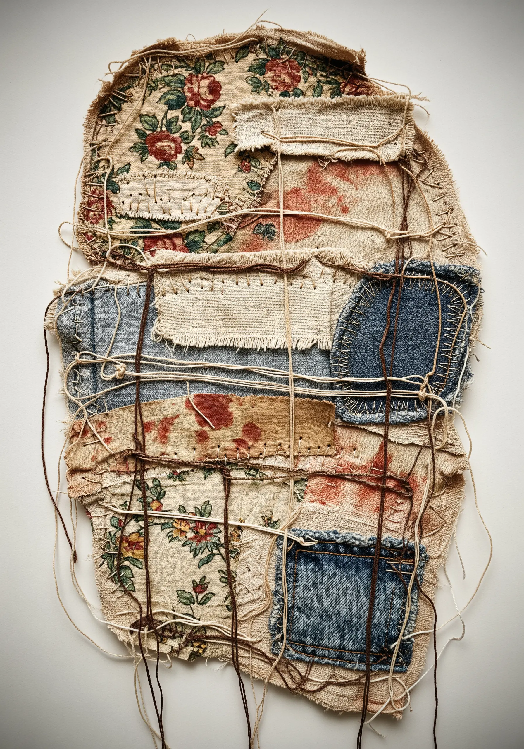 A rustic collage of stained and frayed vintage fabric scraps bound with thick thread.