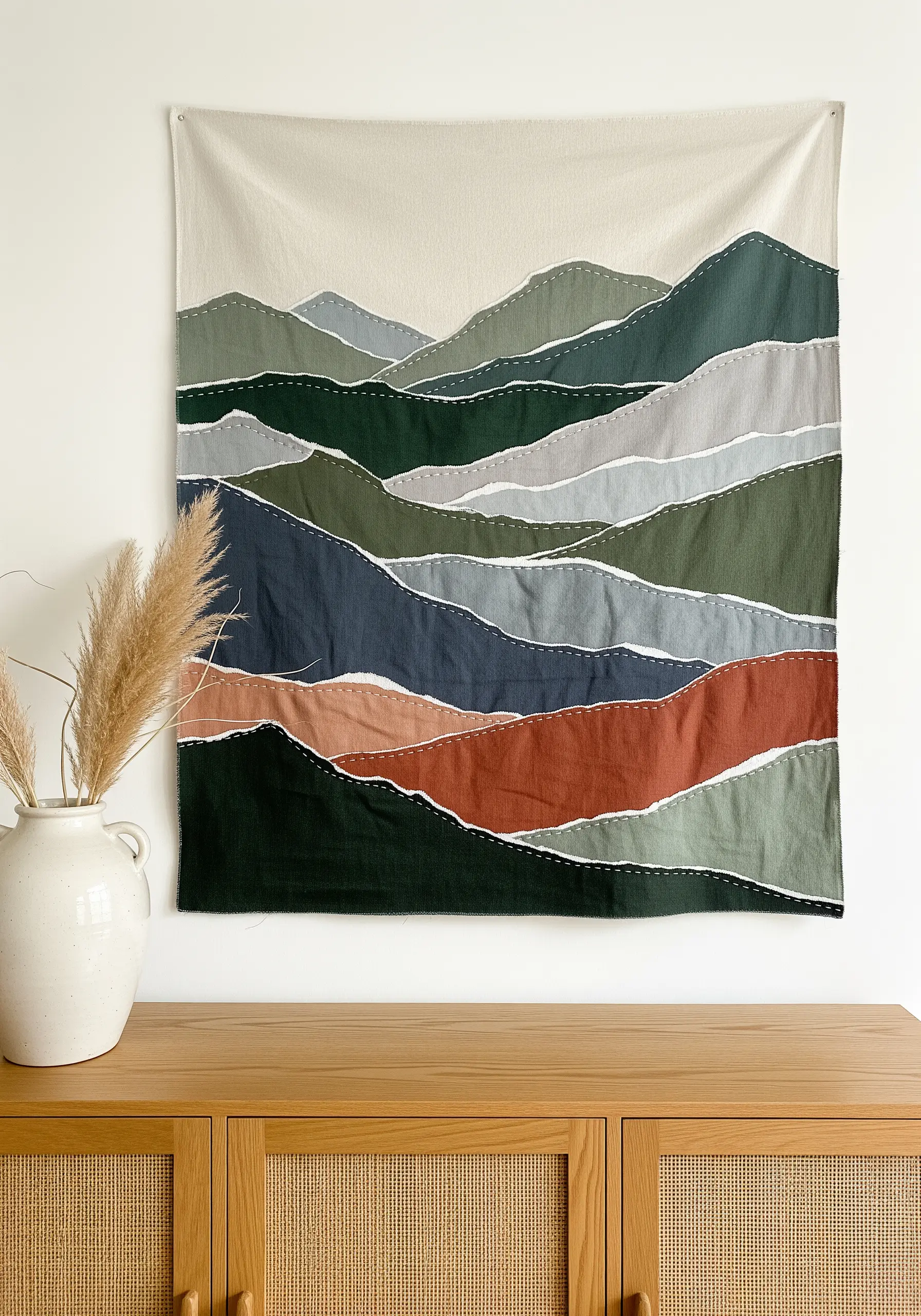 Torn fabric strip layering technique for mountain landscapes