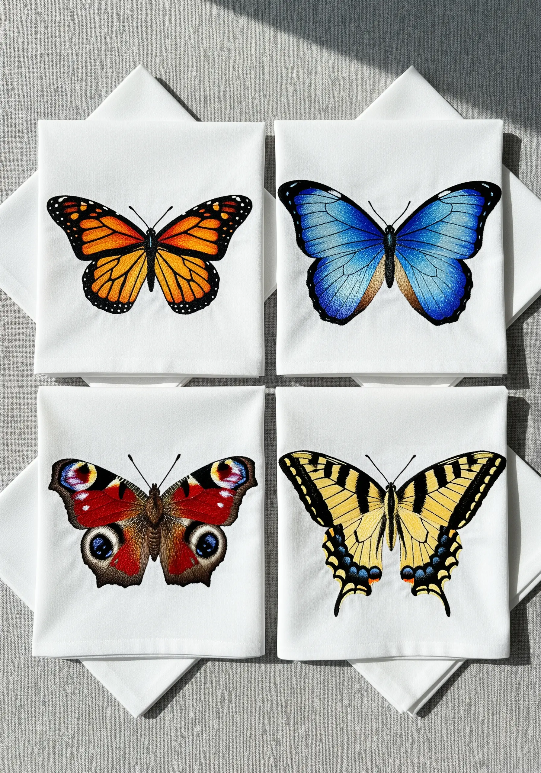 Four napkins, each featuring a different species of realistically embroidered butterfly.