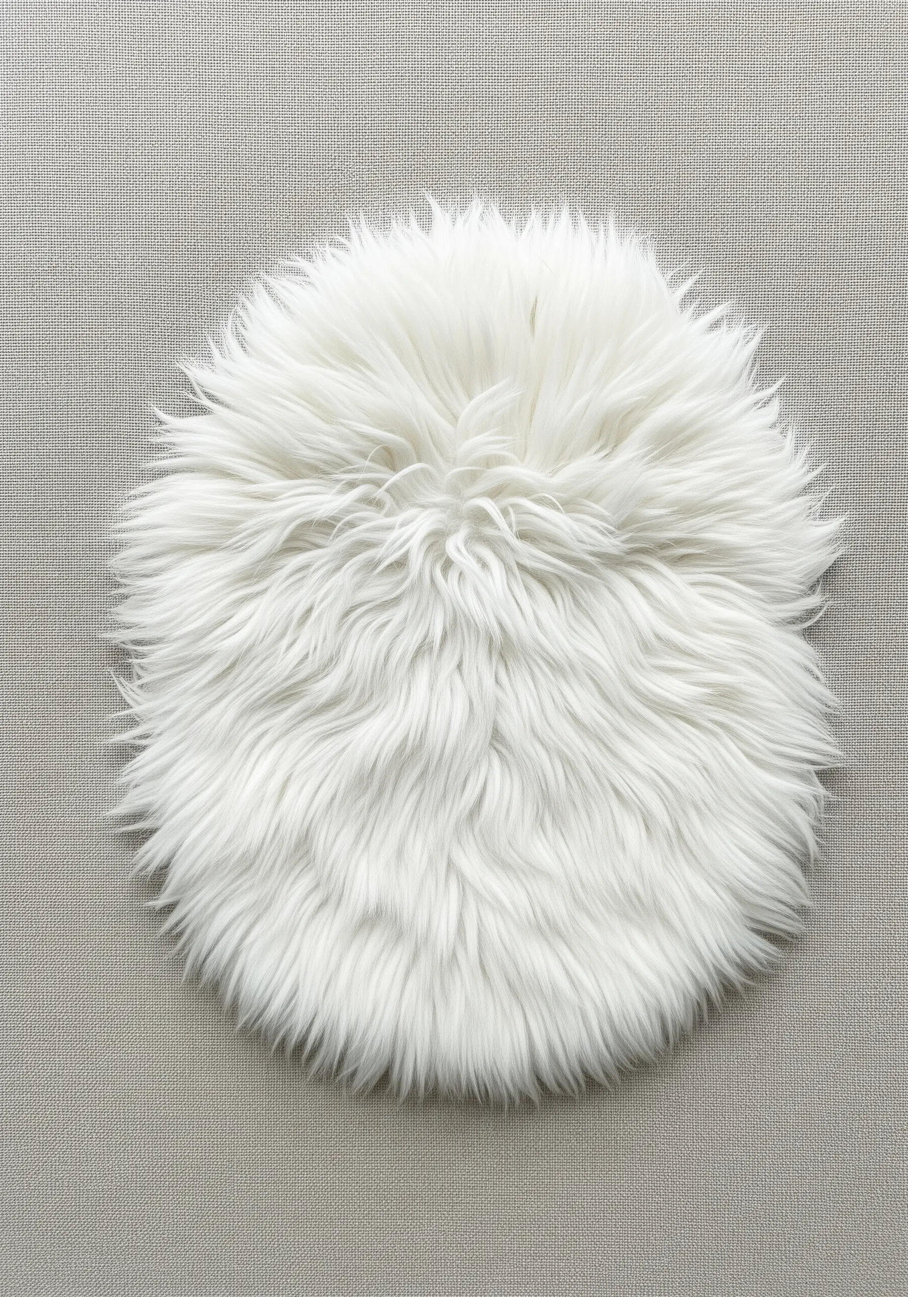 A circular patch of fluffy, realistic white fur created with the turkey stitch.