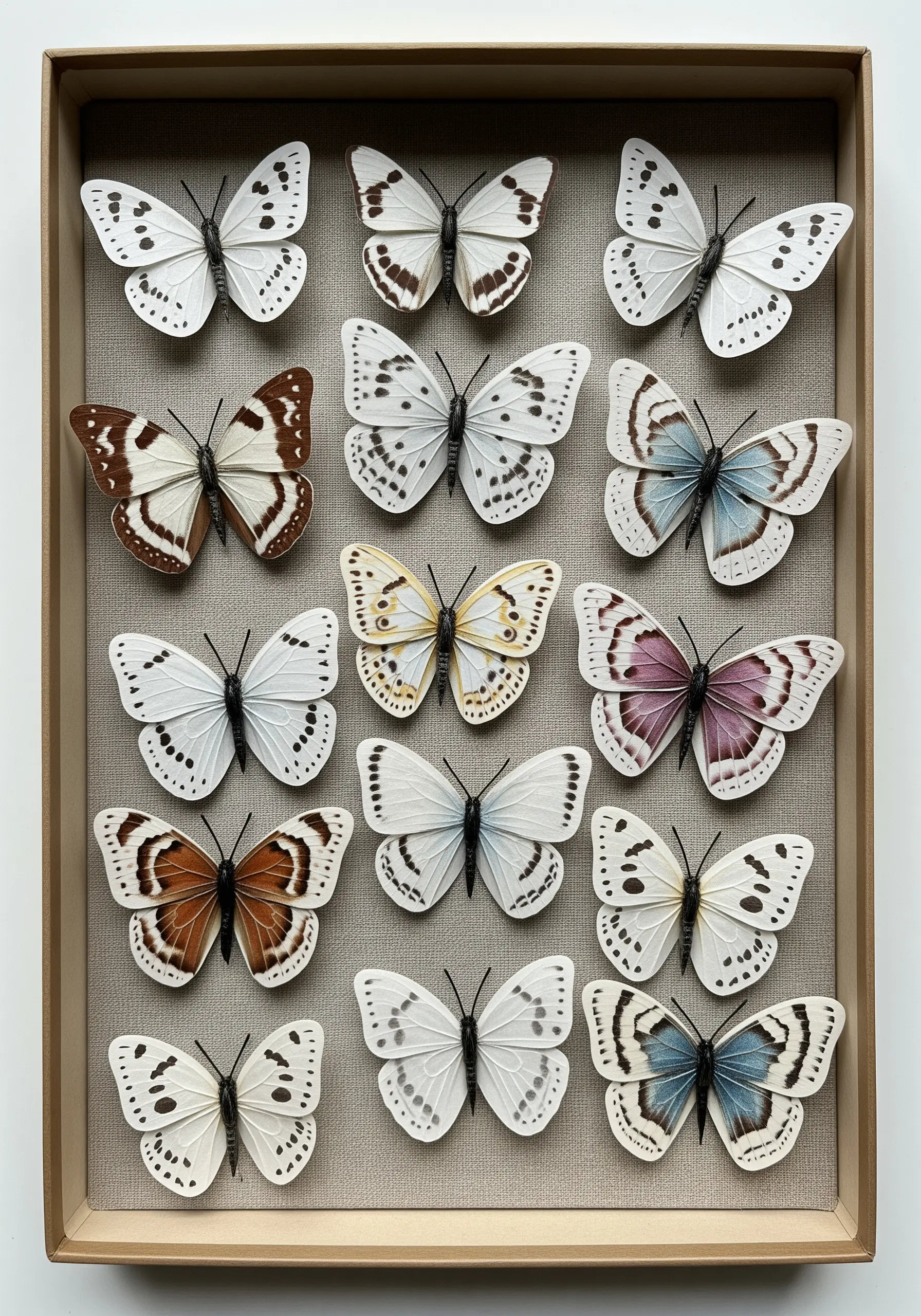 A collection of lifelike paper butterflies in a display box, inspiring realistic thread painting.