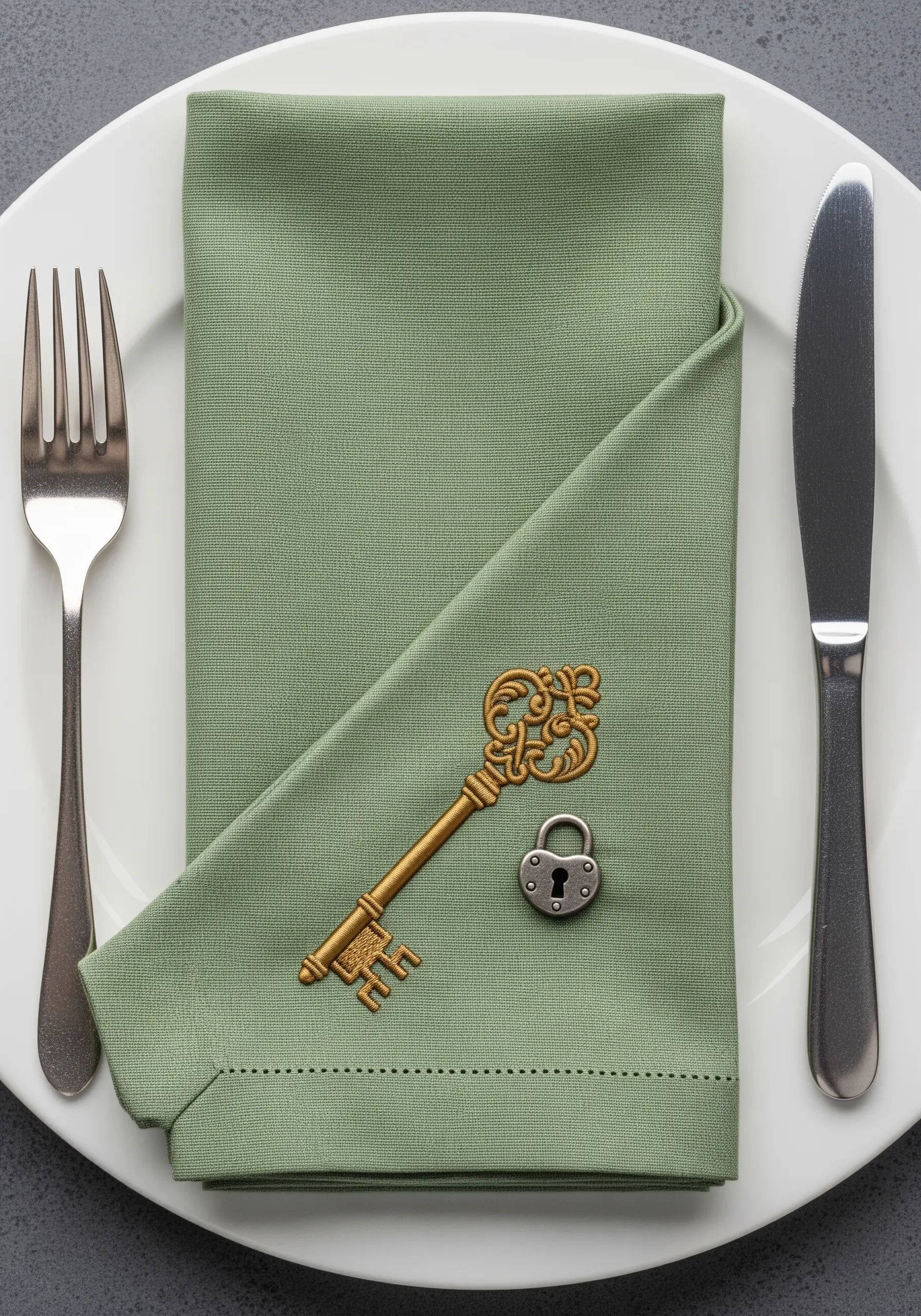 A realistic embroidered gold key and silver padlock on a green napkin.