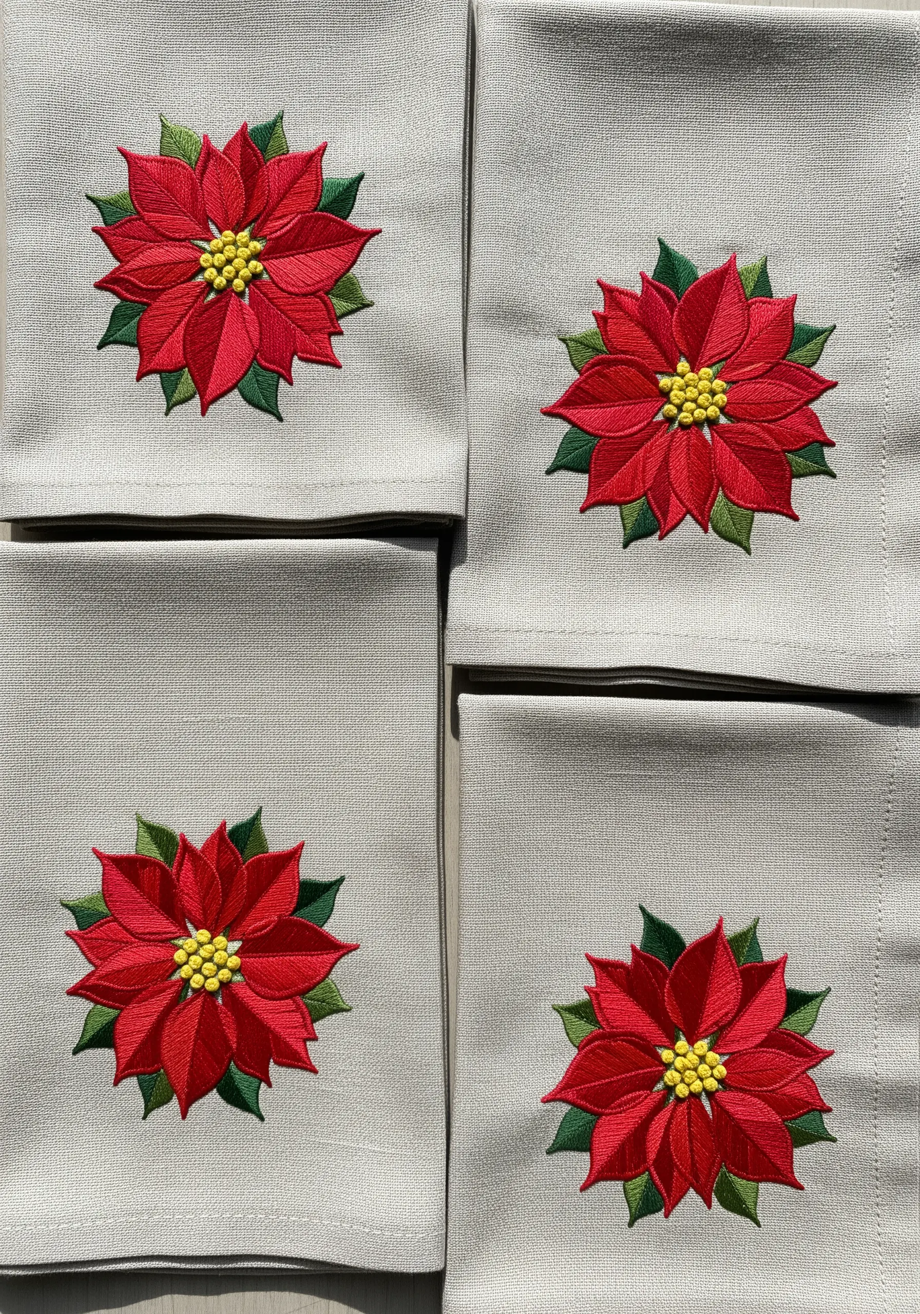 Realistically embroidered poinsettia flowers on a set of linen napkins.
