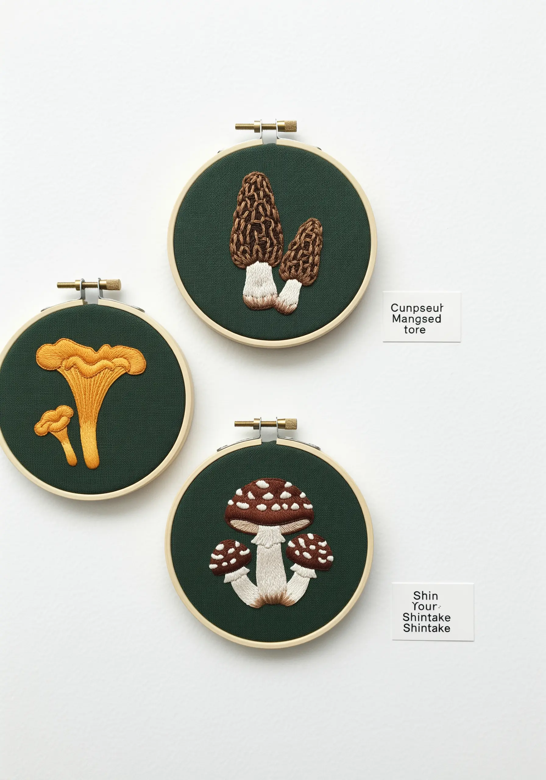 Three small embroidery hoops on a white wall, each with a detailed mushroom on dark green fabric.