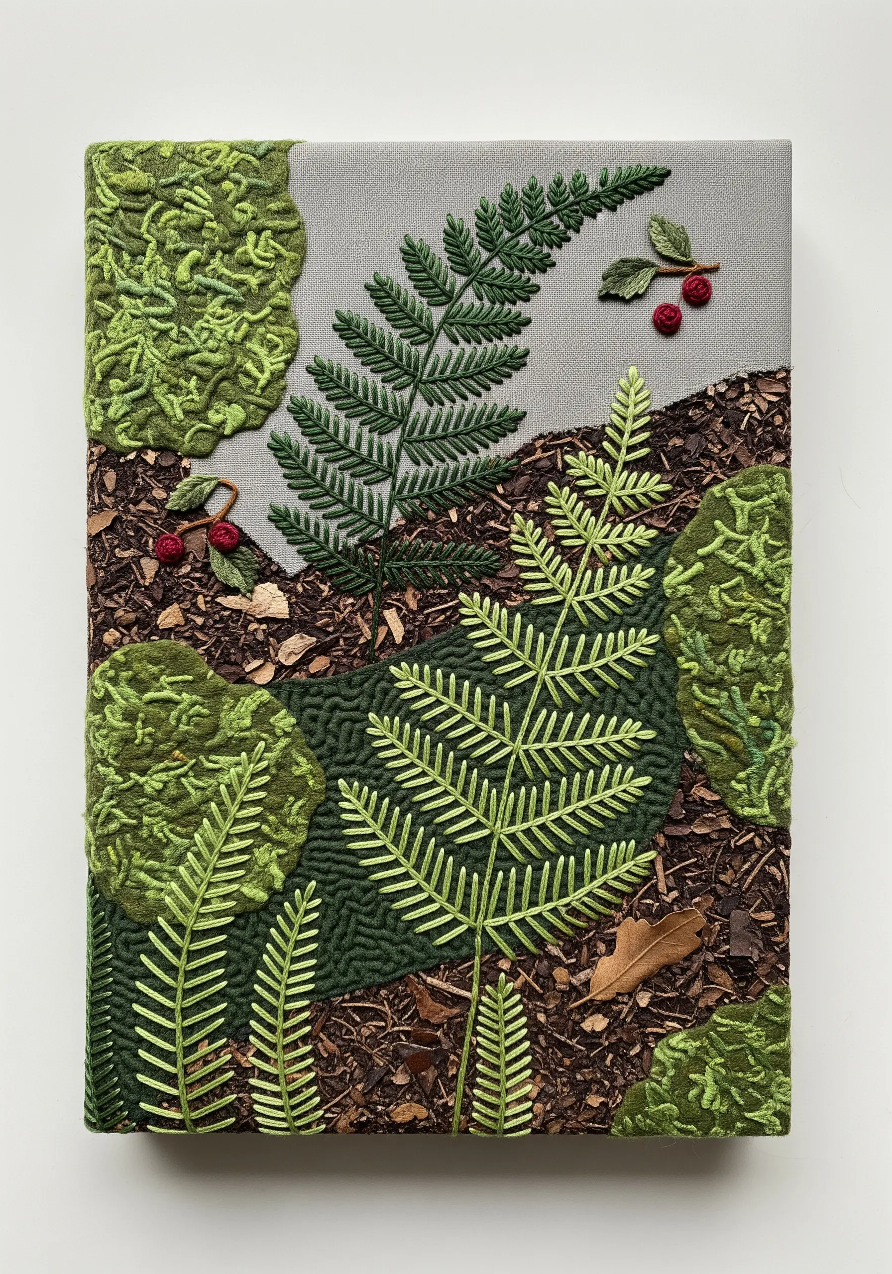 A mixed-media textile art piece of ferns with highly textured moss stitches.