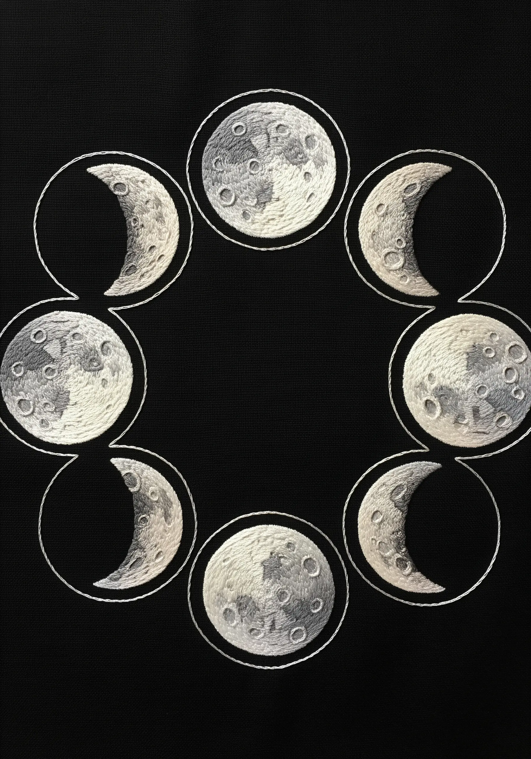 Embroidery of the phases of the moon, with textured French knots for the lunar surface.