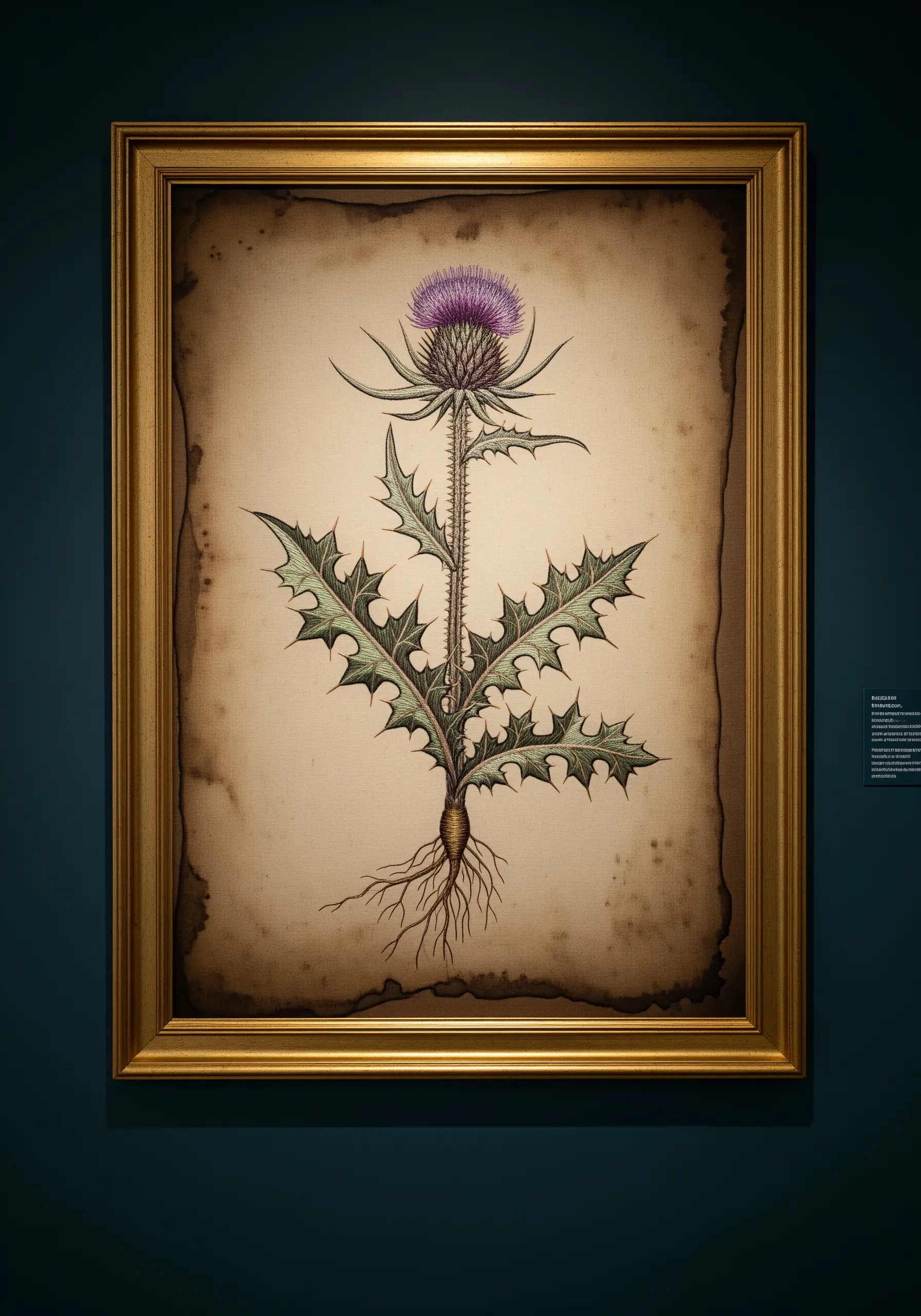 A vintage-style embroidered illustration of a thistle, framed in gold.