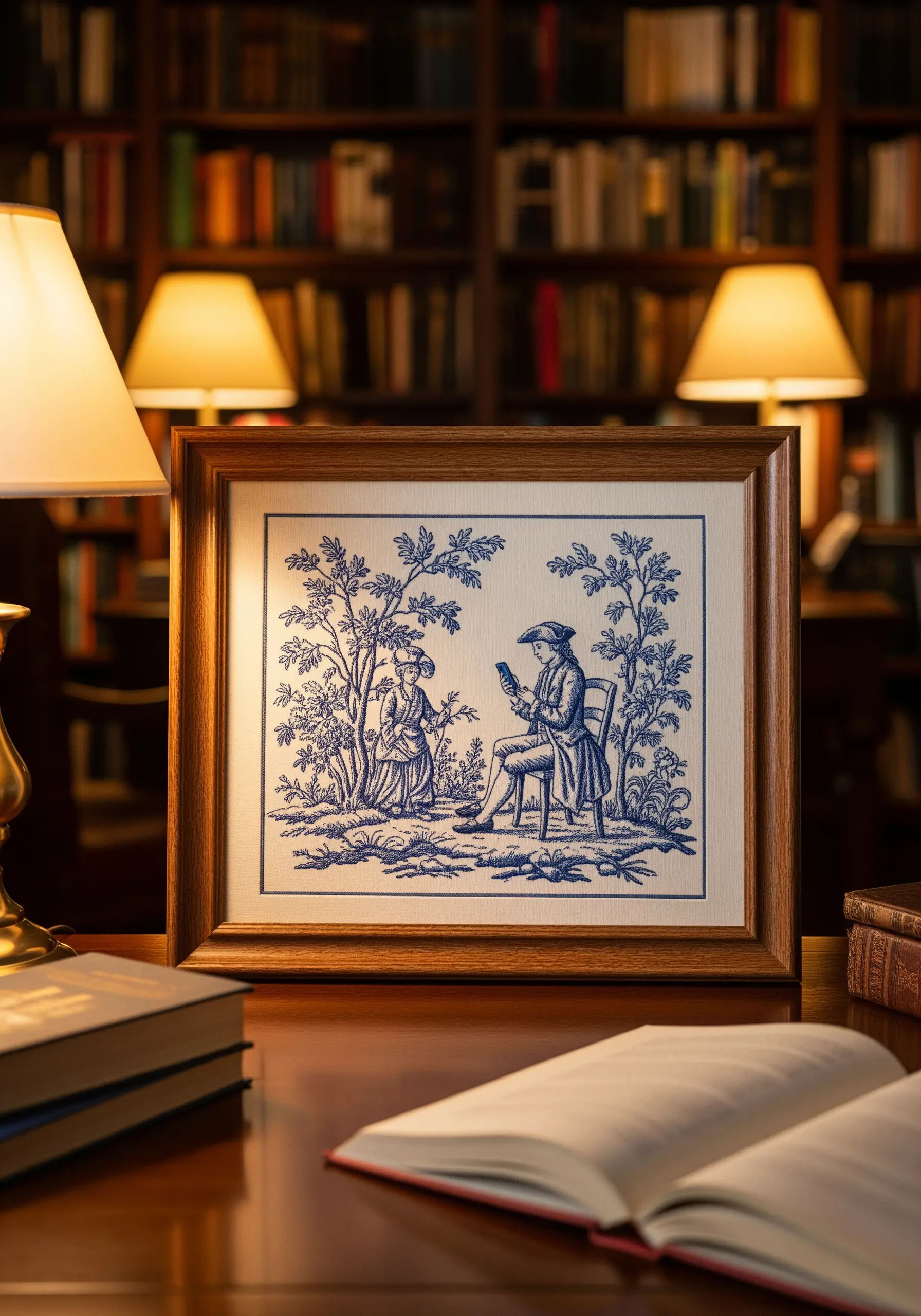A framed embroidery of a classic blue and white Toile de Jouy scene on a library desk.