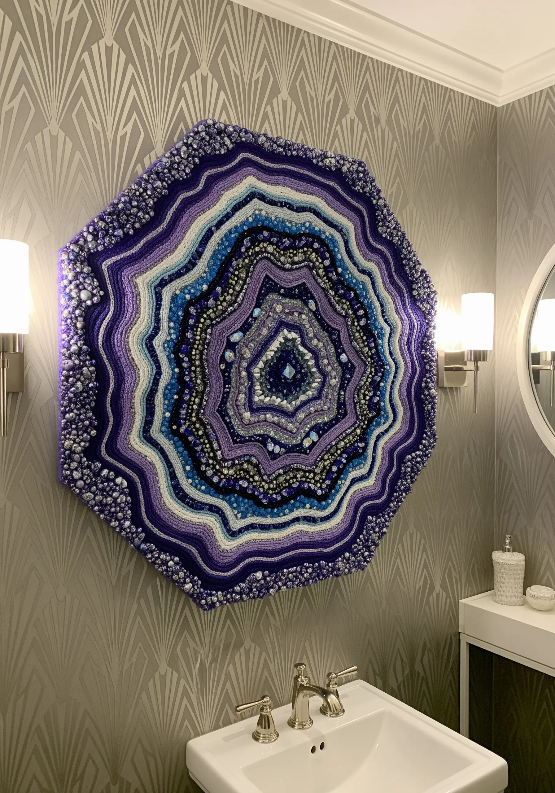 A large, octagonal embroidered wall hanging depicting a purple and blue geode slice