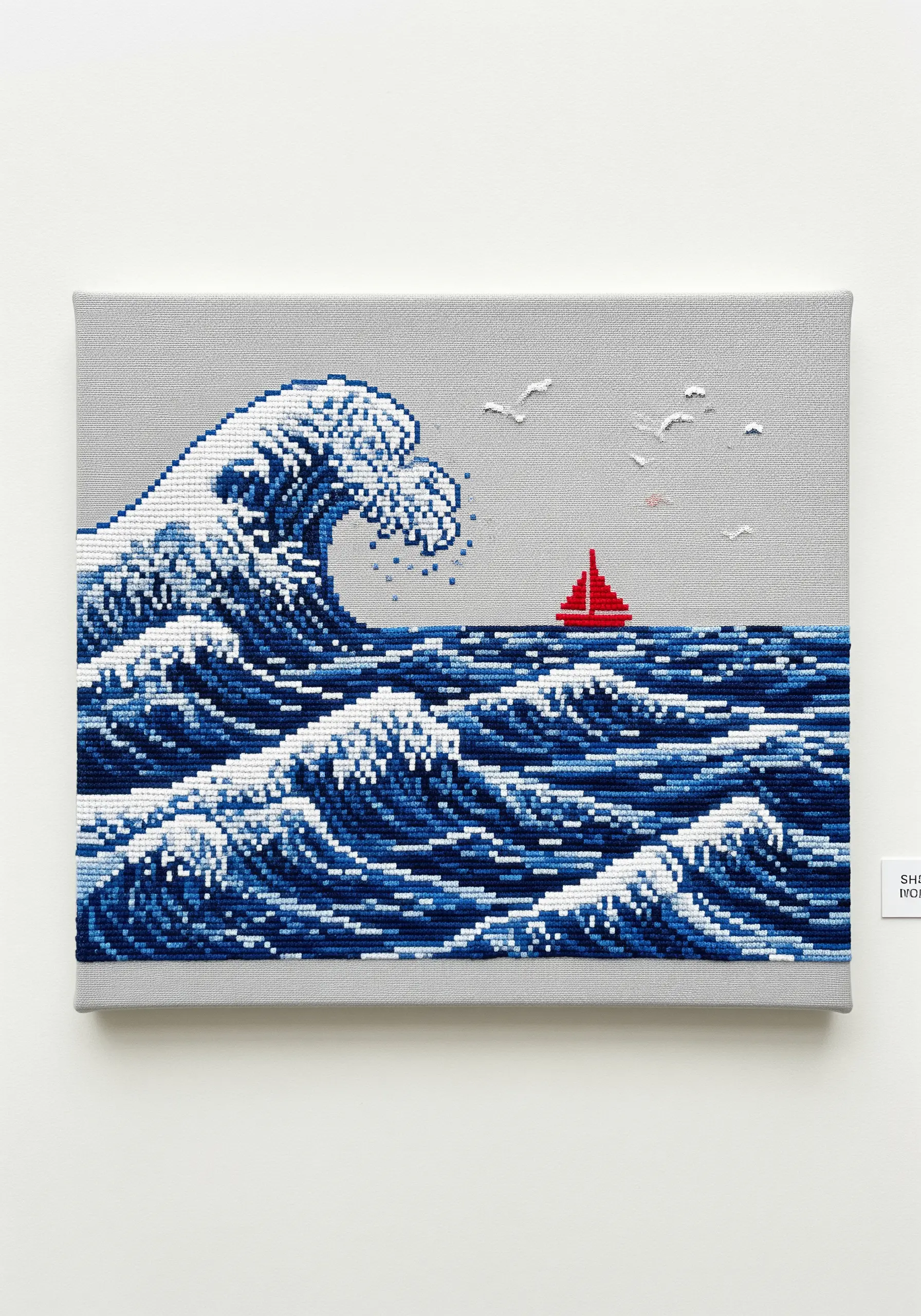 Cross-stitch recreation of 'The Great Wave' in a pixel art style on canvas.