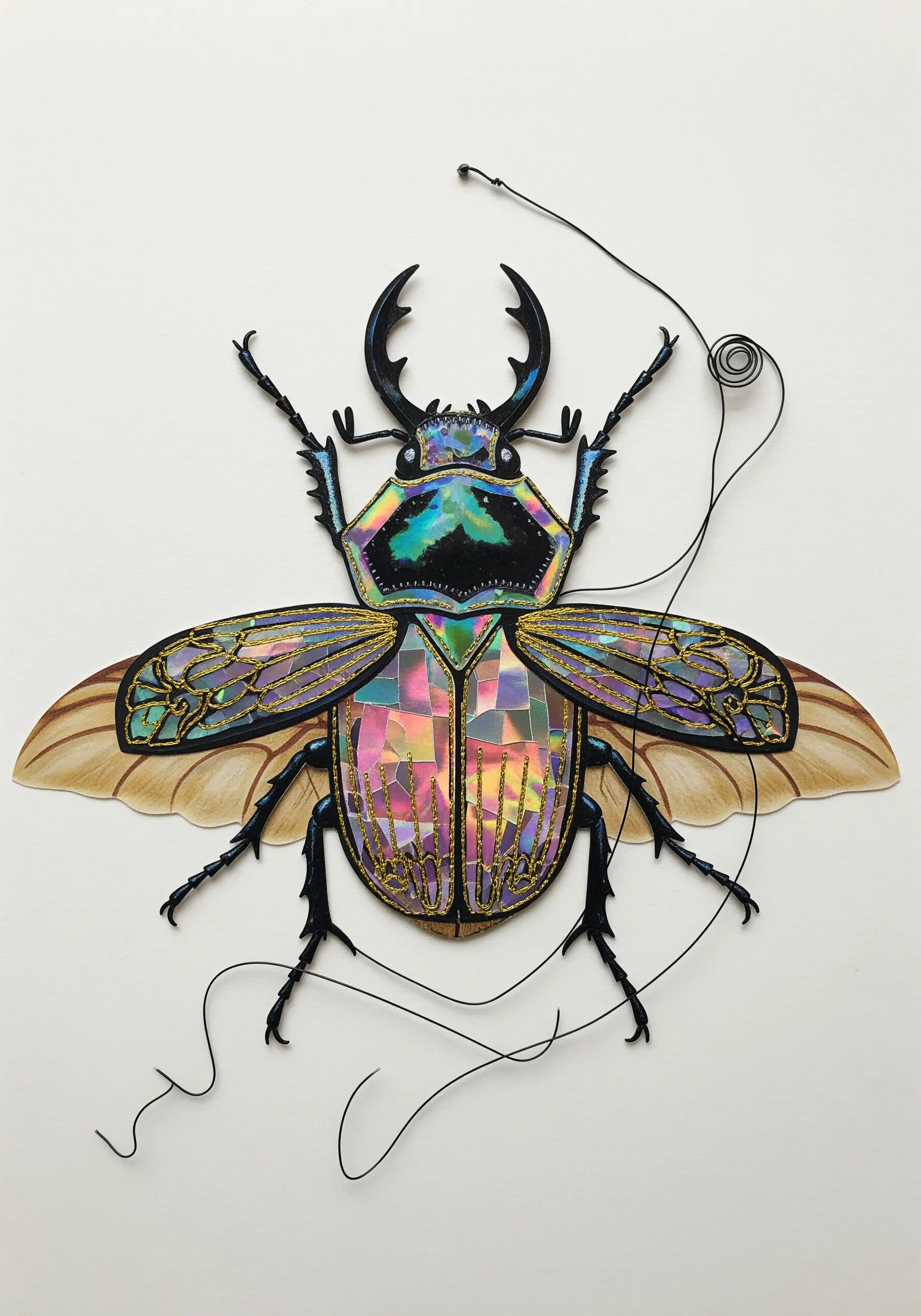 An intricate beetle collage made with iridescent paper, black paper, and gold thread.