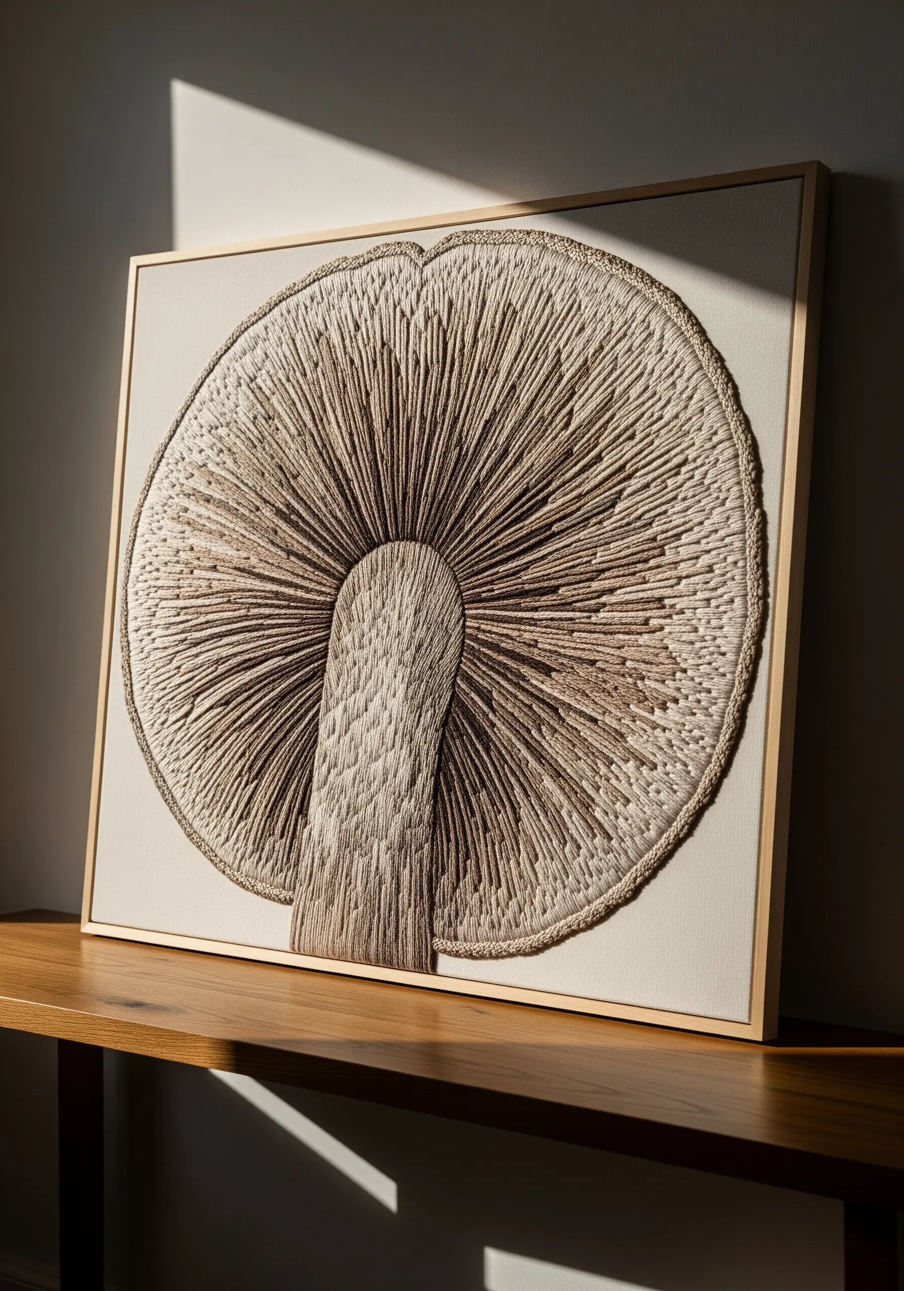 A detailed thread-painted embroidery of the underside of a mushroom cap.