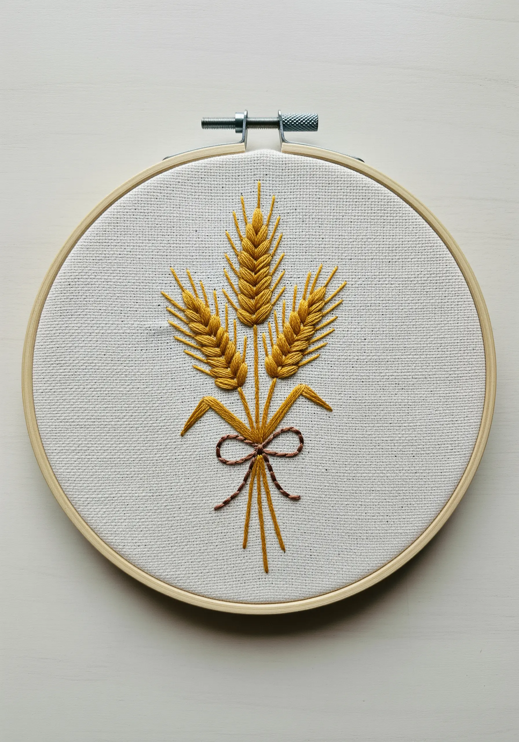 A bundle of embroidered wheat stalks tied with a bow on off-white fabric.