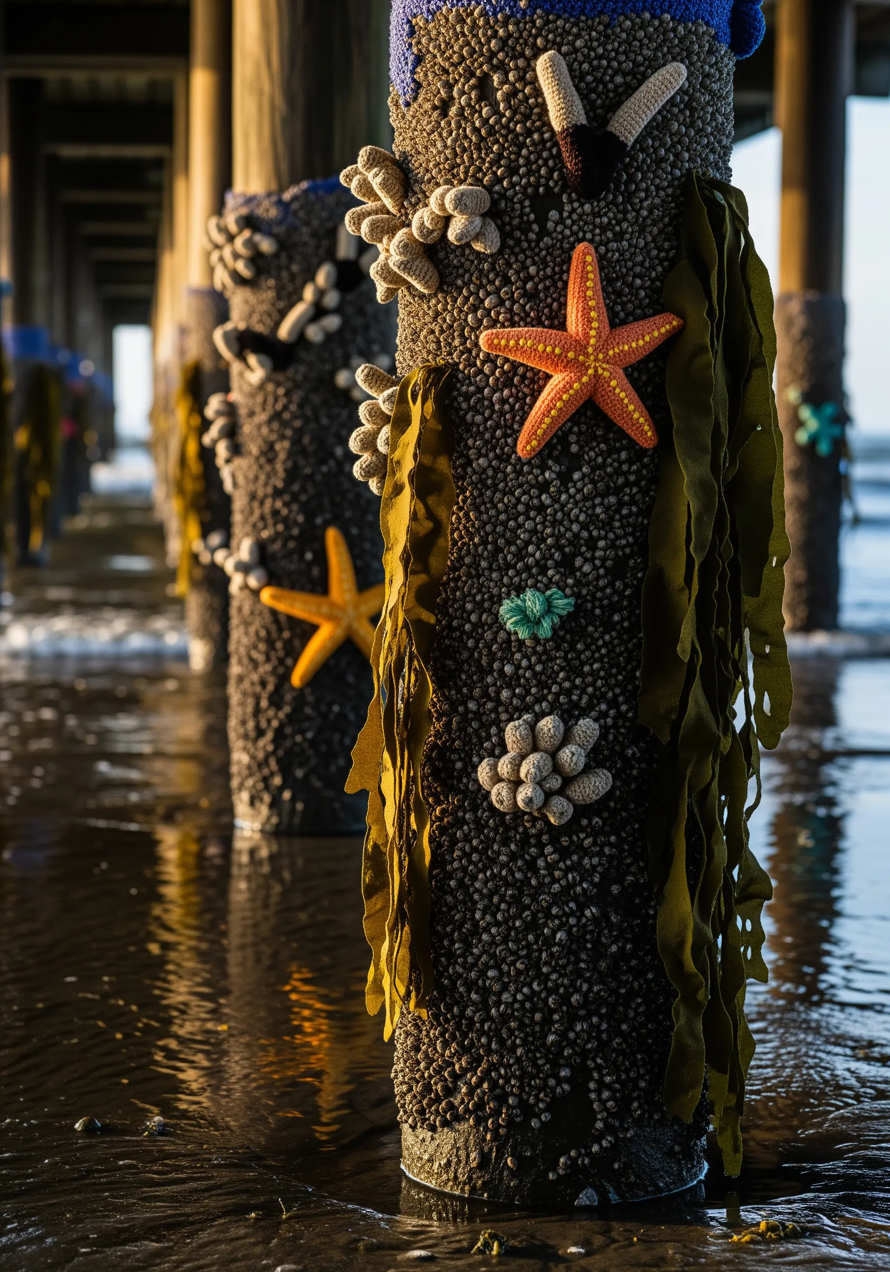 Pier pilings covered in crocheted barnacles, starfish, and felt seaweed at low tide.