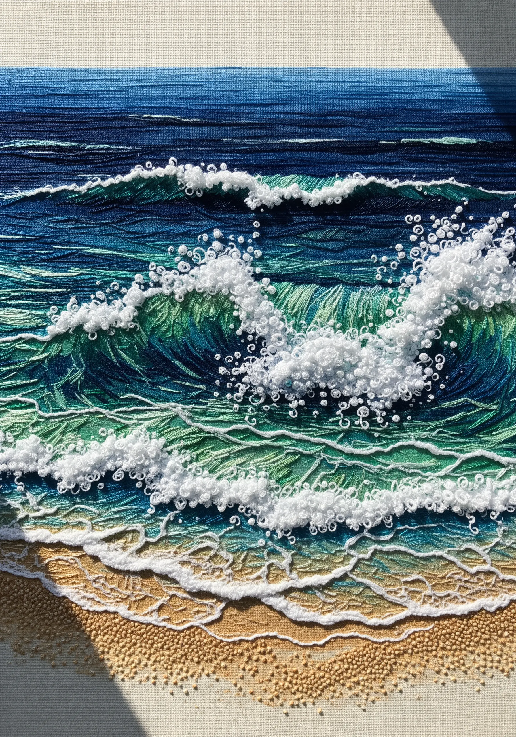 Detailed embroidery of an ocean wave, with French knots for seafoam and straight stitches for water.