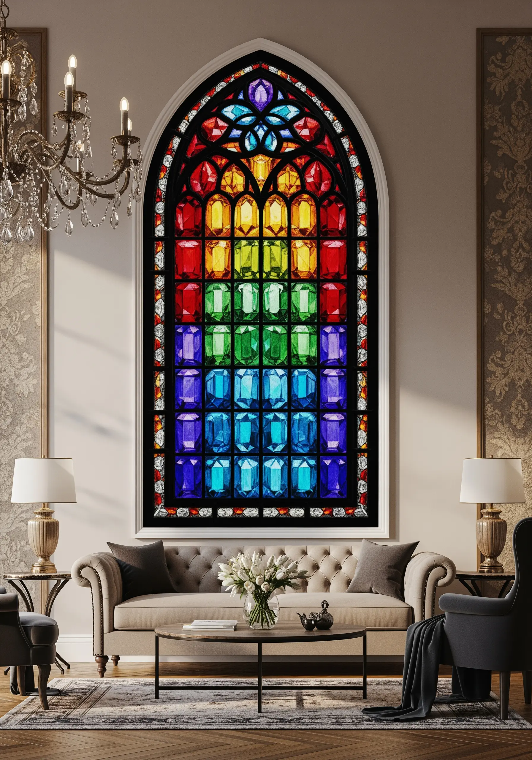 An embroidered piece shaped like an arched window, depicting colorful stained glass.
