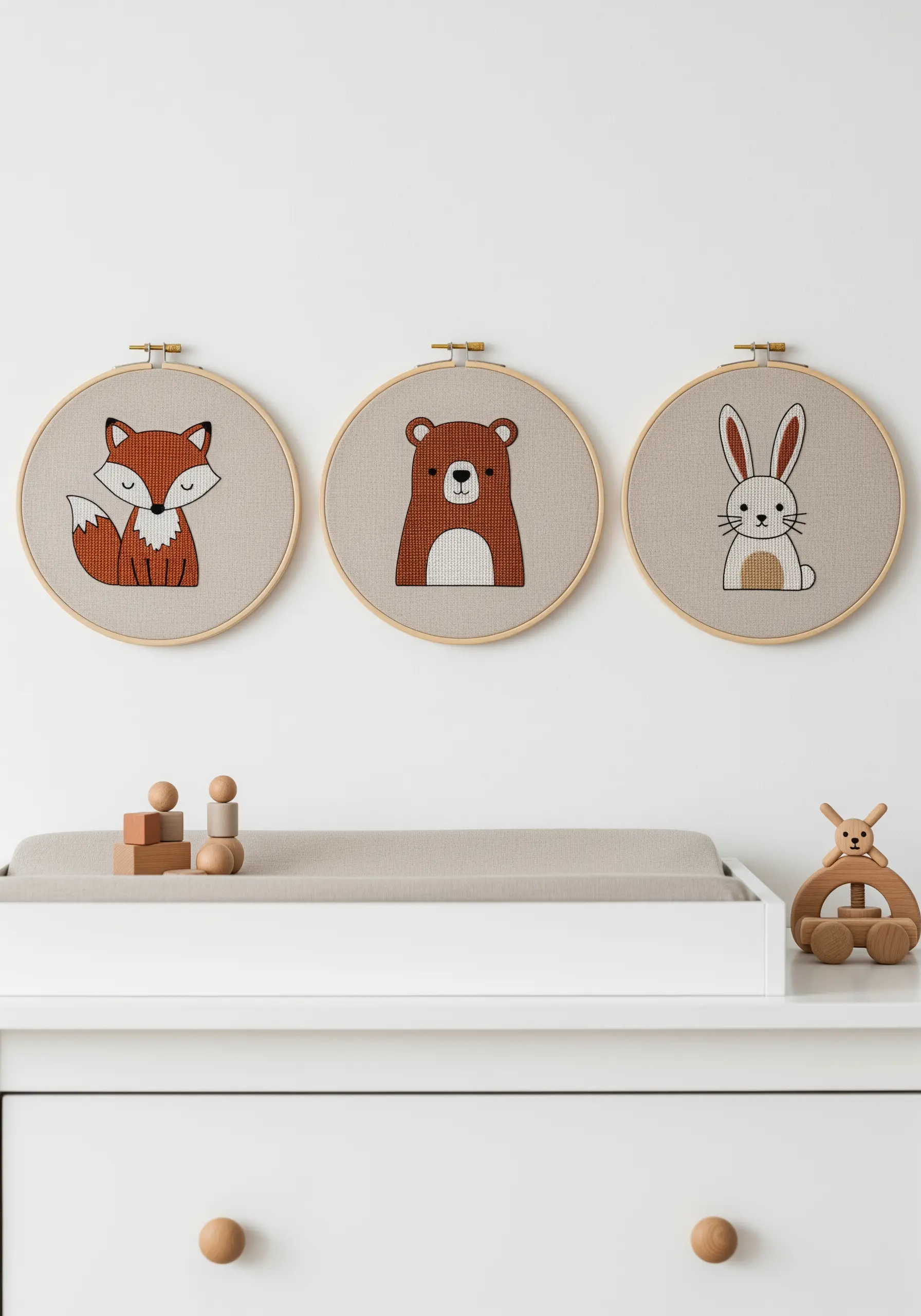 A triptych of embroidered woodland animals—a fox, bear, and rabbit—in wooden hoops.