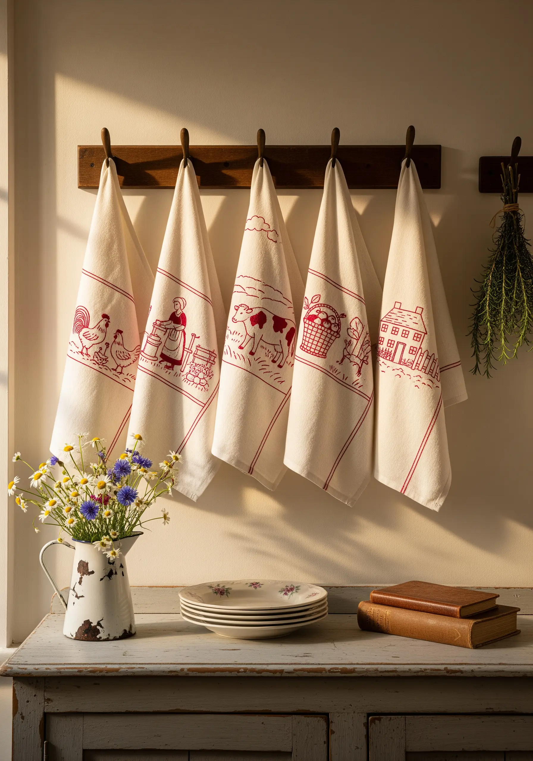 Red thread vintage embroidery on kitchen tea towels