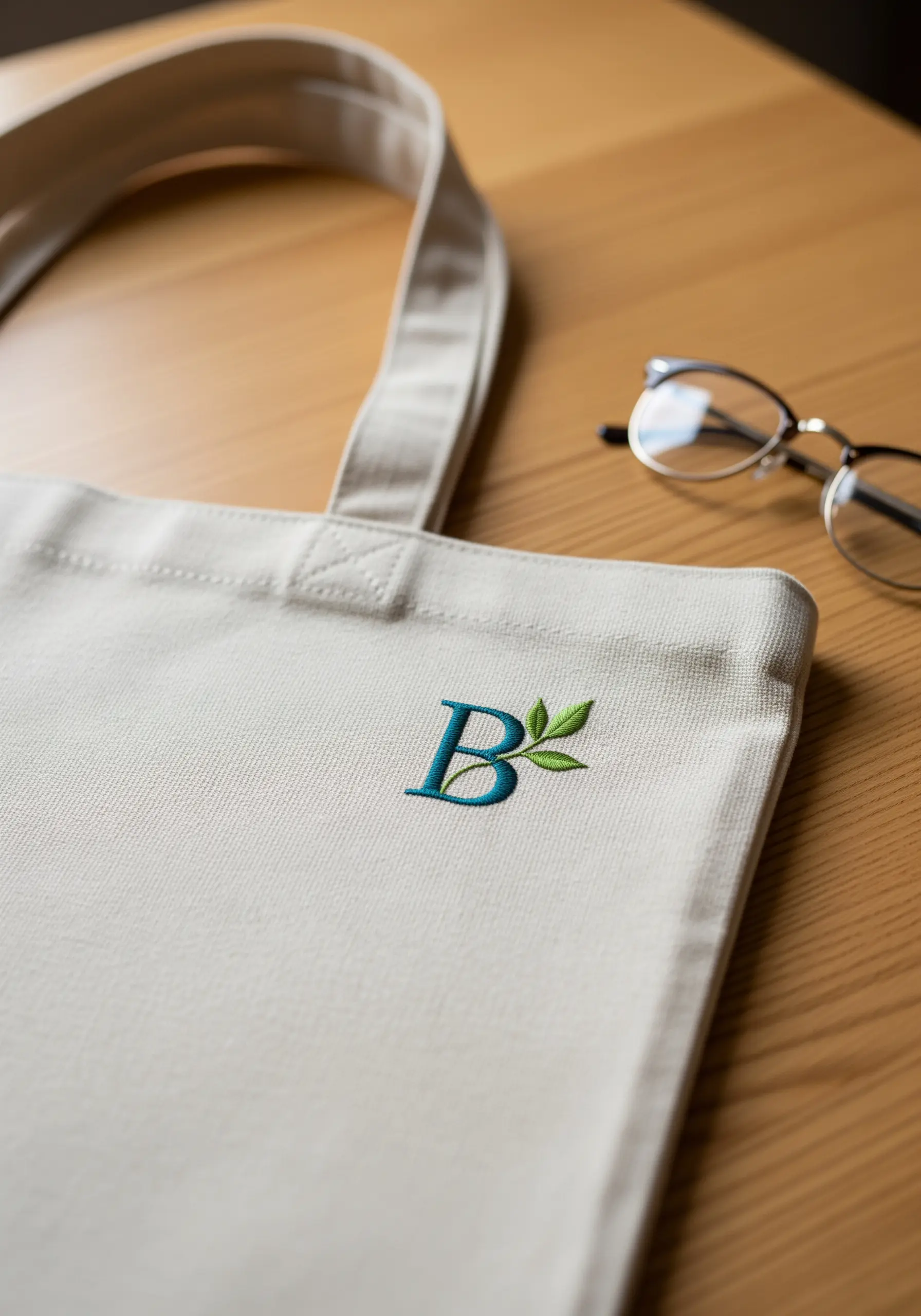An elegant blue embroidered 'B' monogram with small green leaves sprouting from the side.