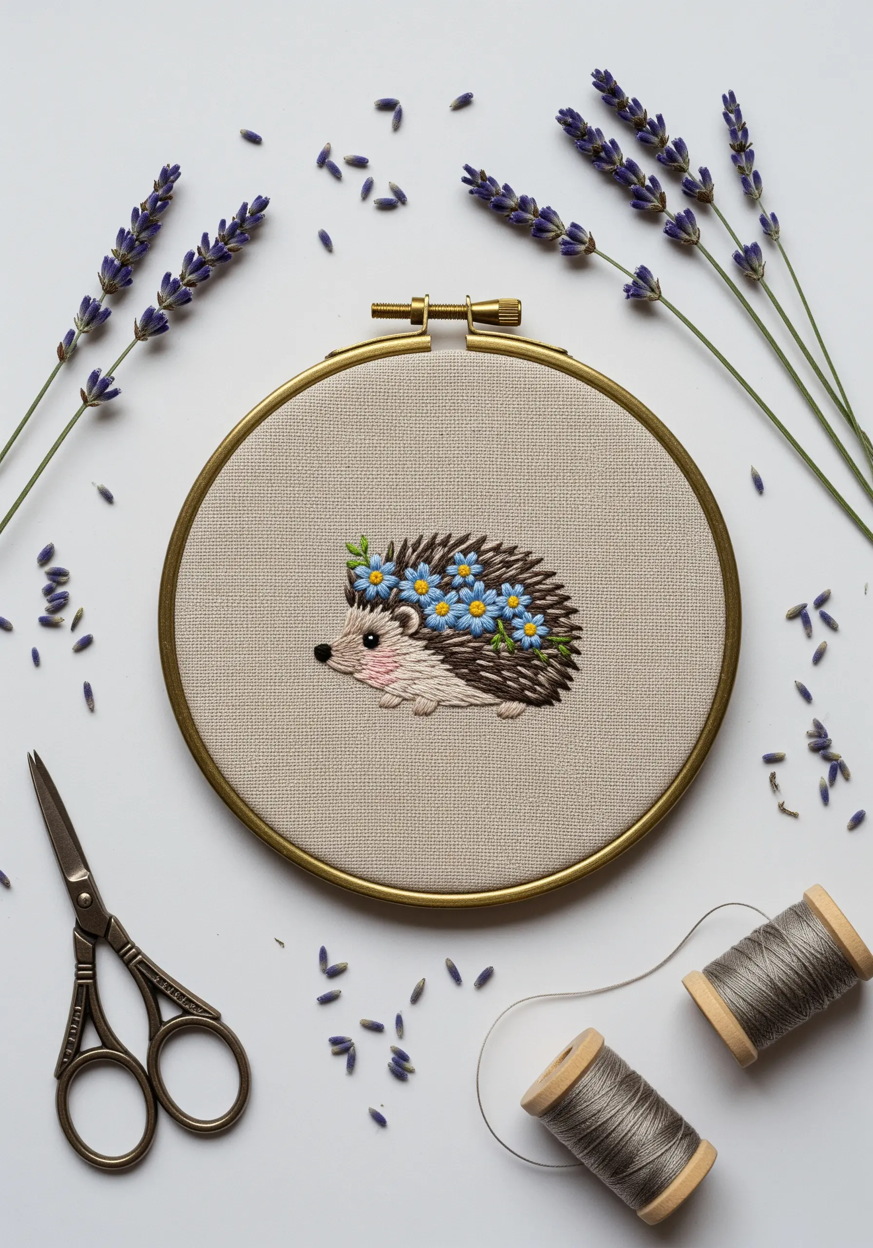 Minimalist hedgehog embroidery with a crown of blue lazy daisy flowers.